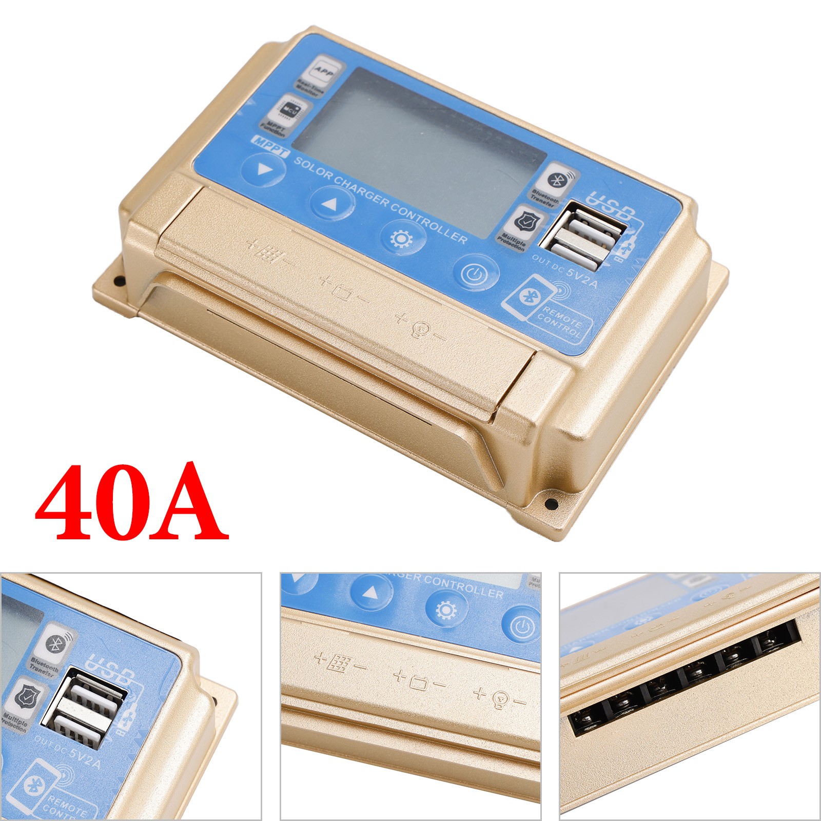 40A MPPT APP Solar Charge Controller Charger Fits 12V/24V LiFePO4 Battery Gold