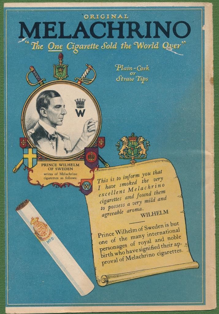 Magazine Ad - 1927 - Melachrino Cigarettes - Prince Wilhelm of Sweden