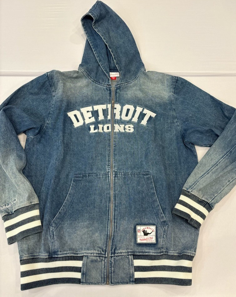 NEW NWOT NFL Mitchell Ness Detroit Lions Denim Zippered  Jacket Large old Logo