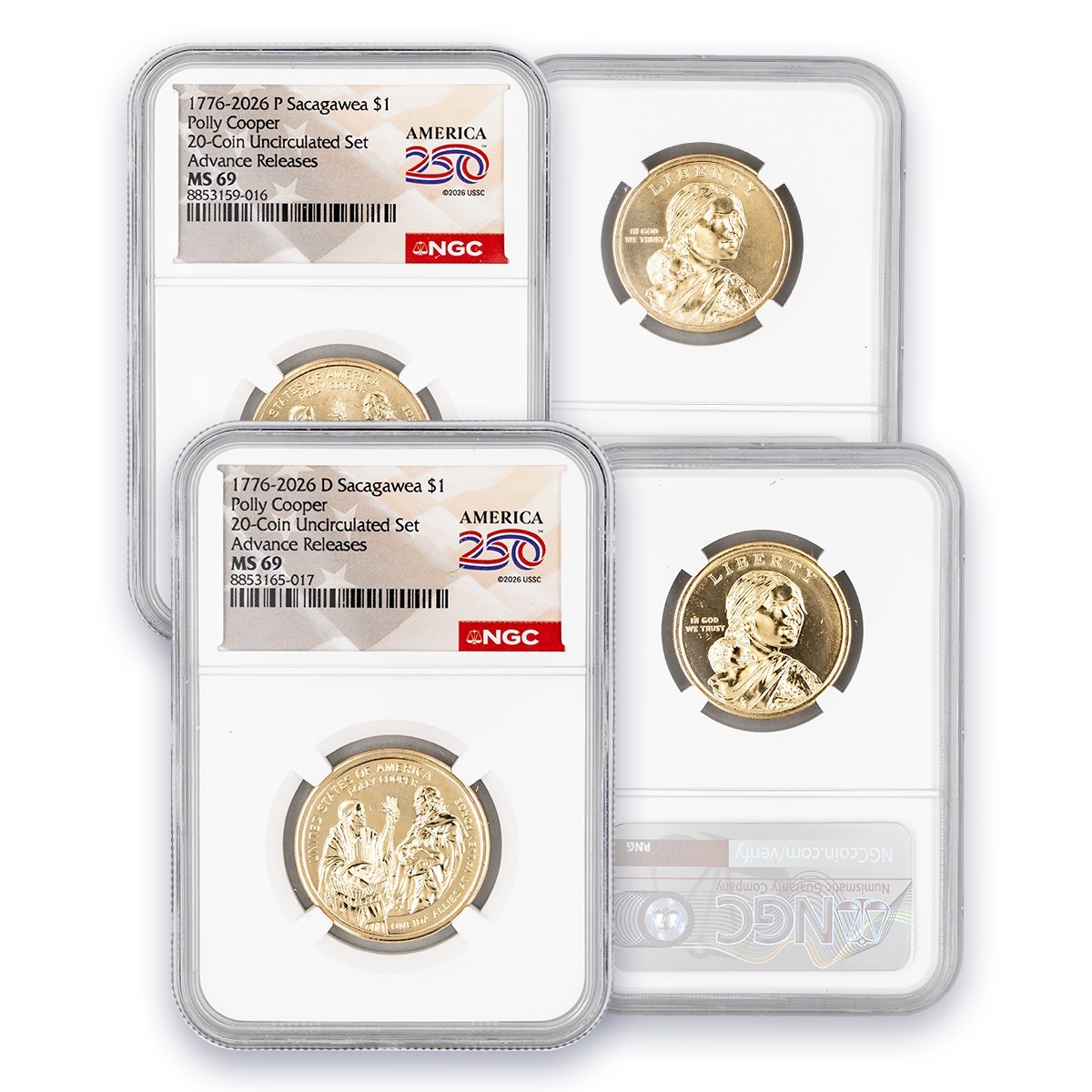 1776 - 2026 Sacagawea P & D 2 Coin Set Polly Cooper NGC MS69 Advance Release