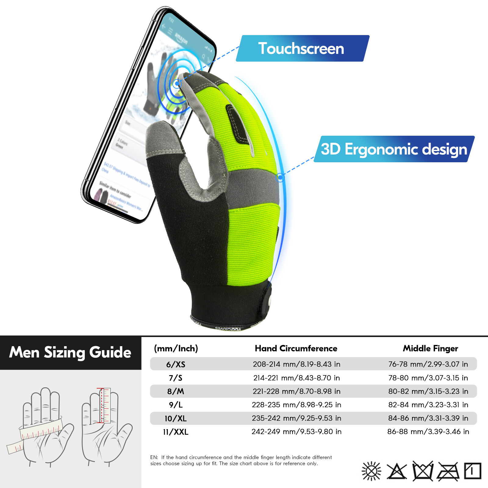 Vgo 1Pair 41℉ Lined Touchscreen Waterproof Winter Work Gloves (SL7584FLWP-GRE)