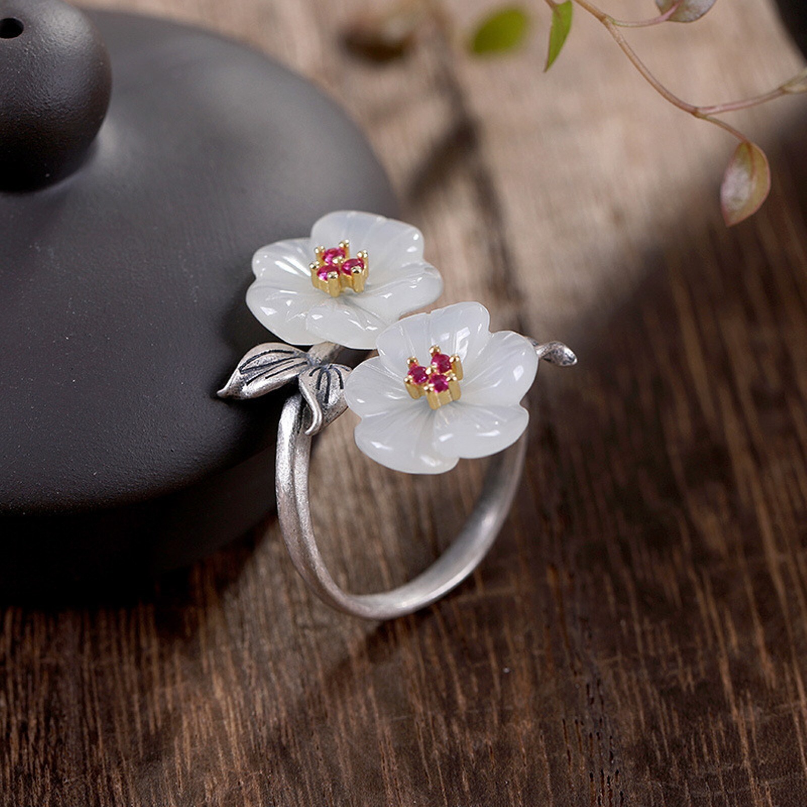Pure Sterling Silver Band Natural Nephrite Jade Double Flower Zircon Ring