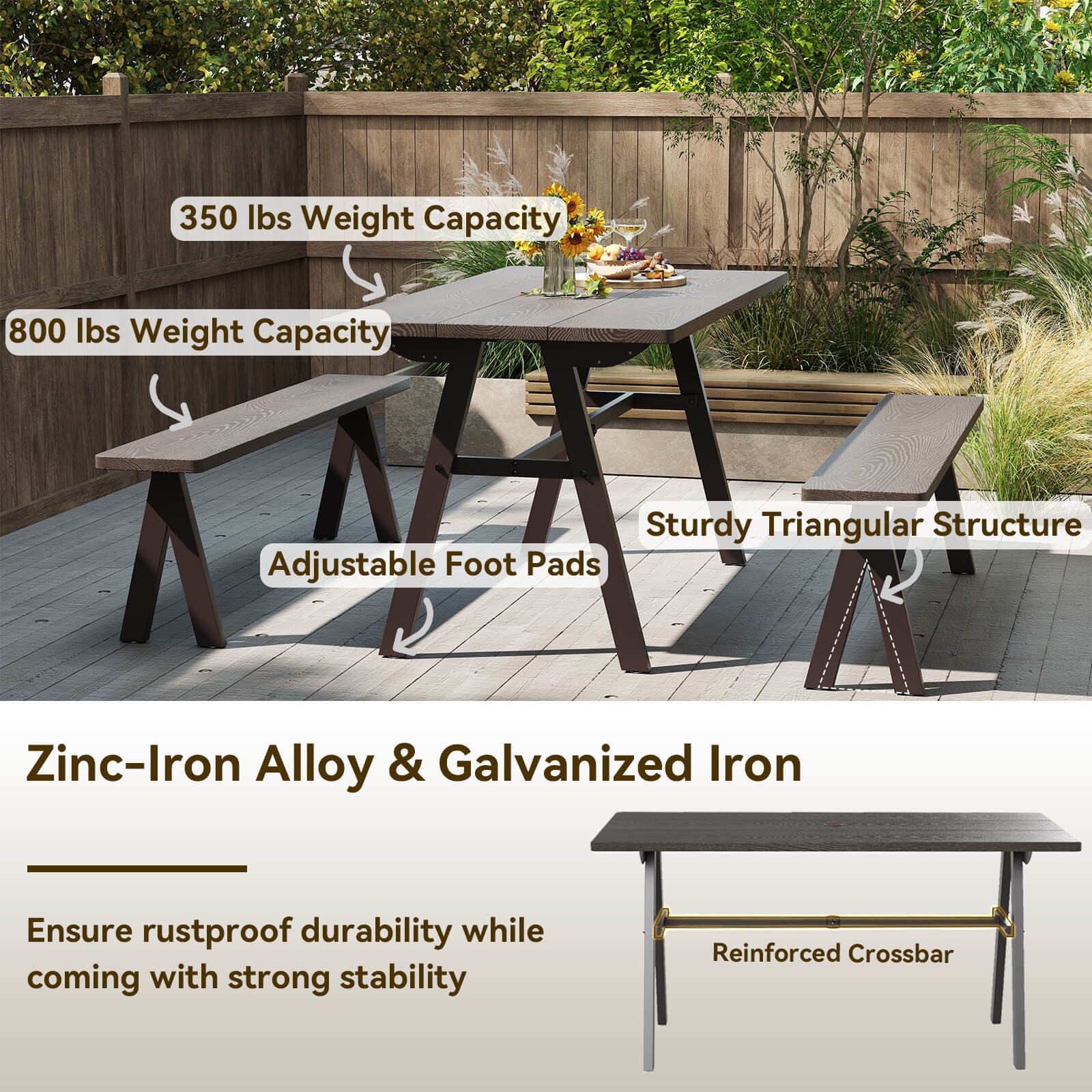 59" x 29.5" Rectangle Rustproof Patio Dining Table with 1.93" Umbrella Hole