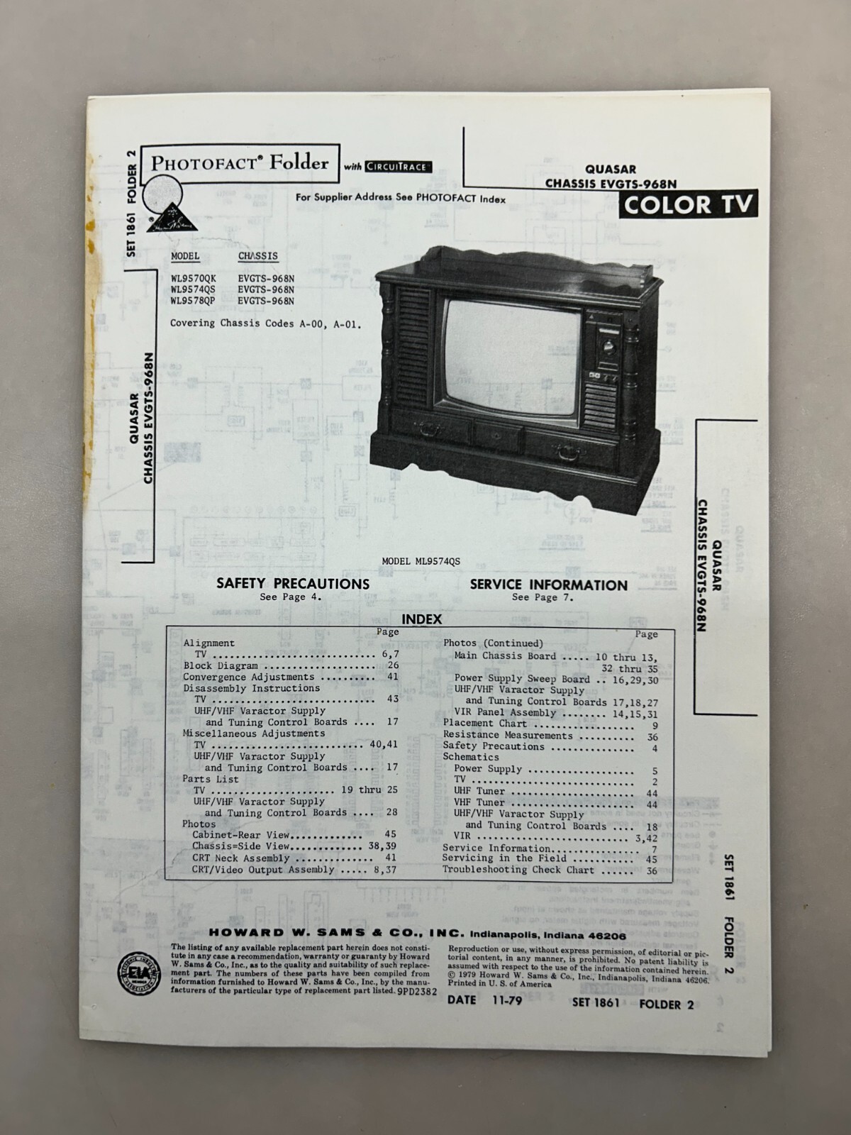 Quasar EVGTS-968N Service Manual Sams Photofact Free Shipping