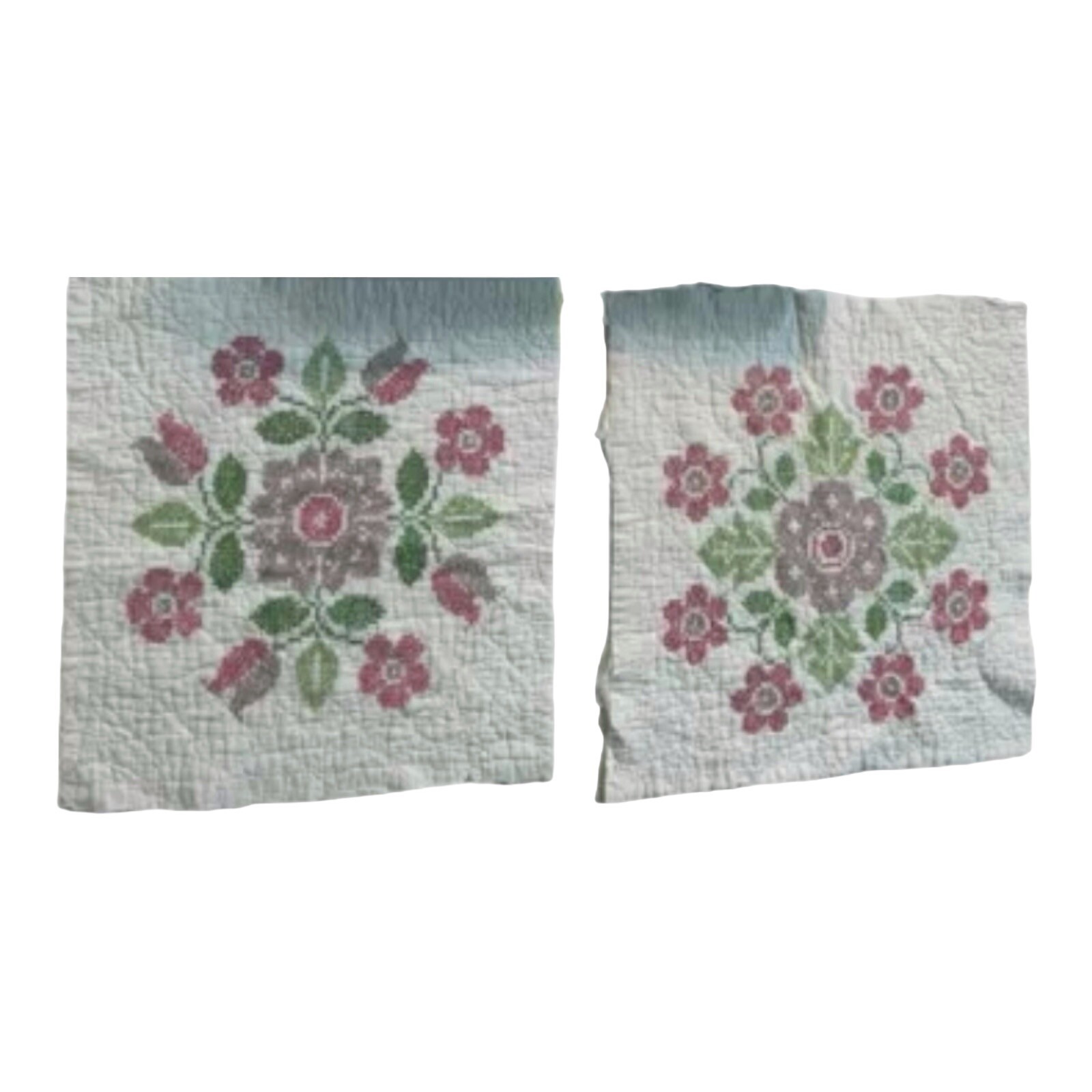 (2) Vintage Quilt Cross Stitch 14.5x 15.5 Square Handmade Granny Cottage Sewing