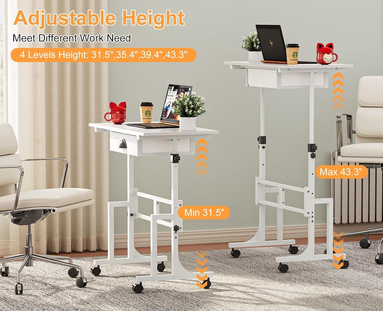 Adjustable Height Standing Desk W/ Drawer Rolling Sit Stand Up Desk W/ Wheels