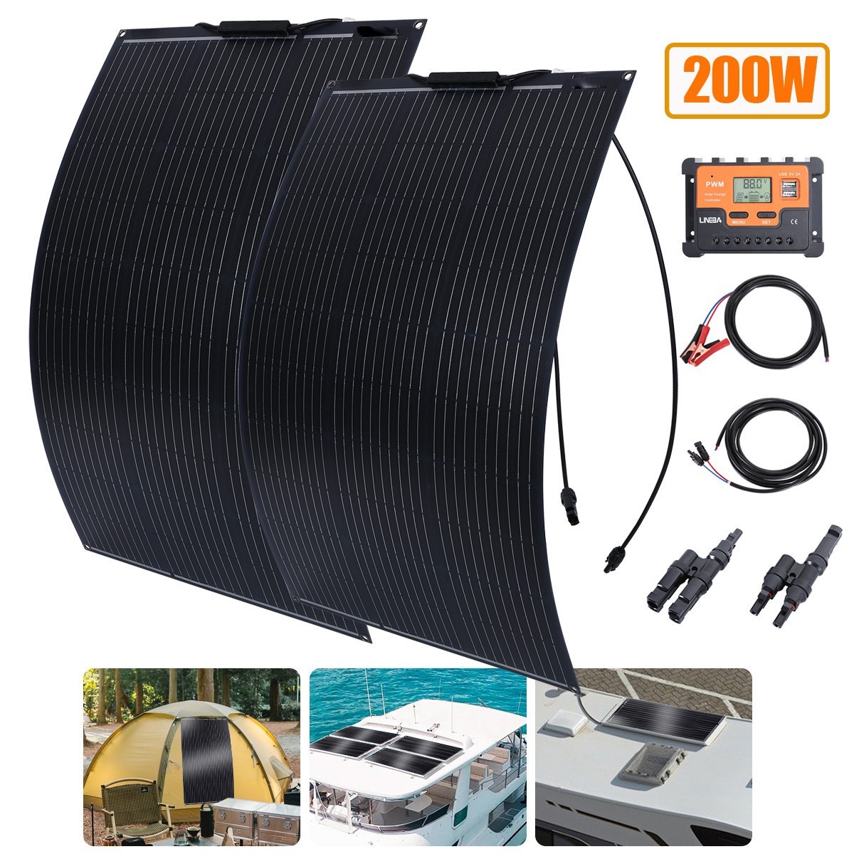 200W Flexible Solar Panel + Controller MC4 Connector RV Camping Off-Grid Rooftop