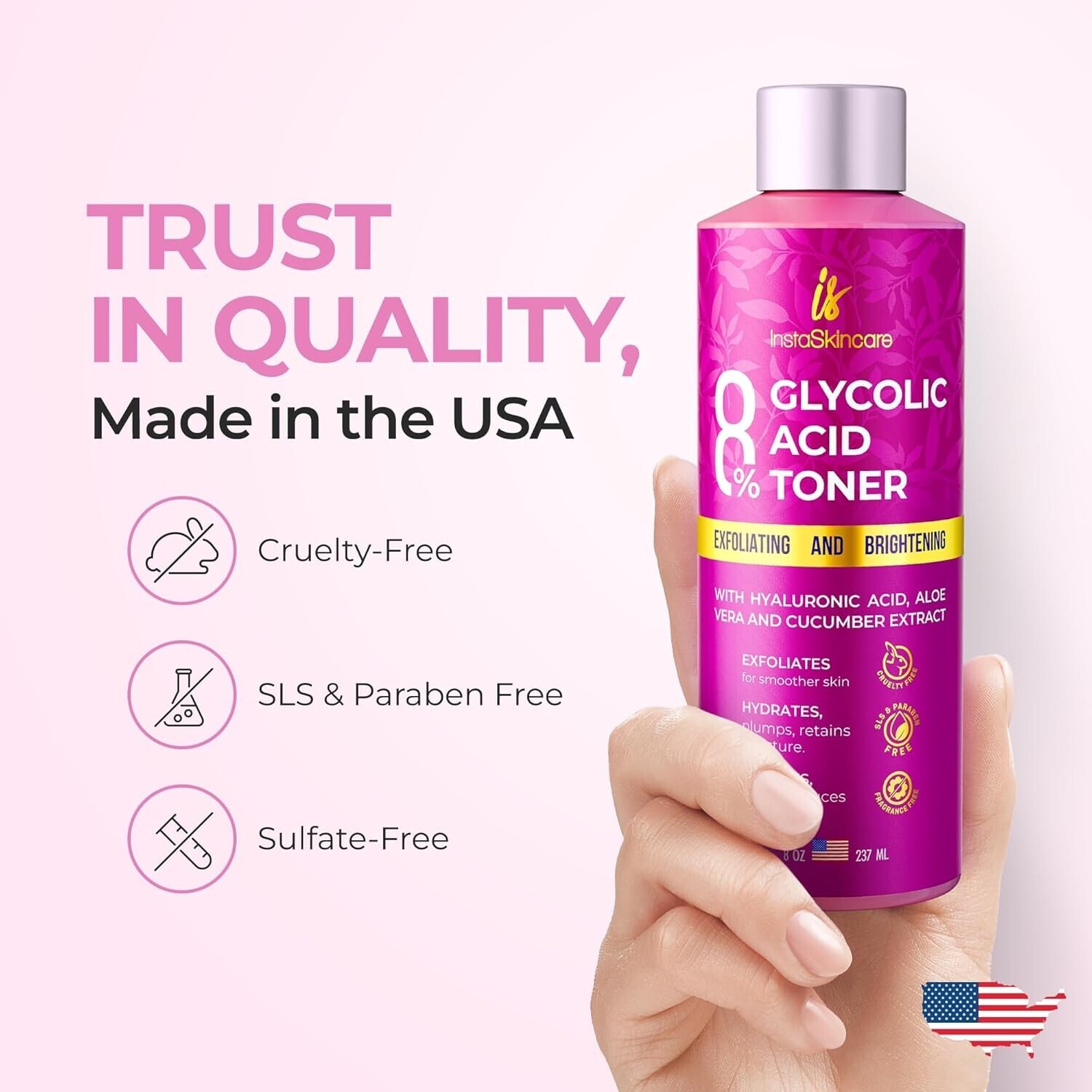 InstaSkincare Glycolic Acid 8% Toner for Face with Hyaluronic Acid 8 Oz