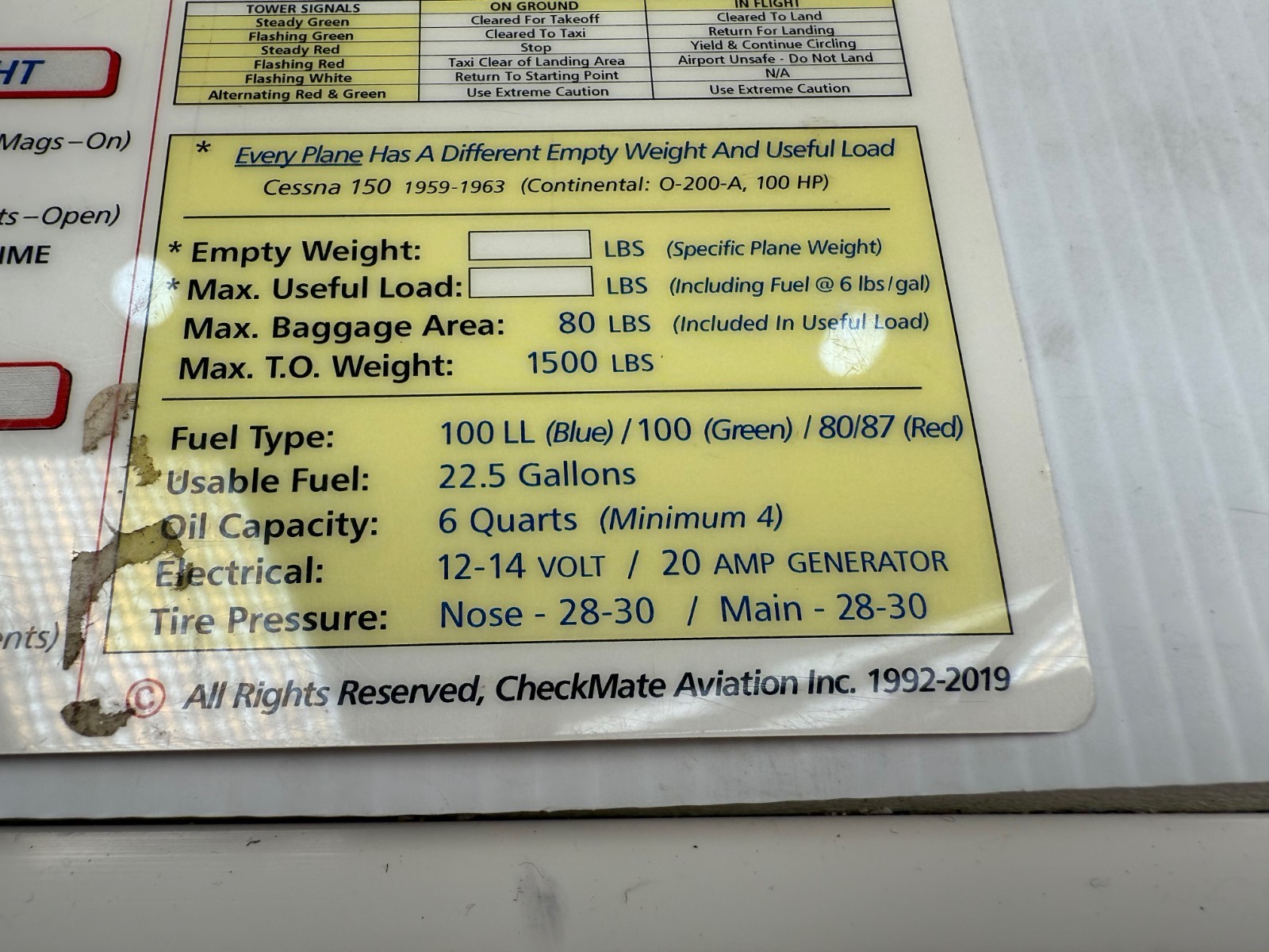 Cessna 150 Checklist Card CheckMate Pilot Quick Reference Emergency 1959-63