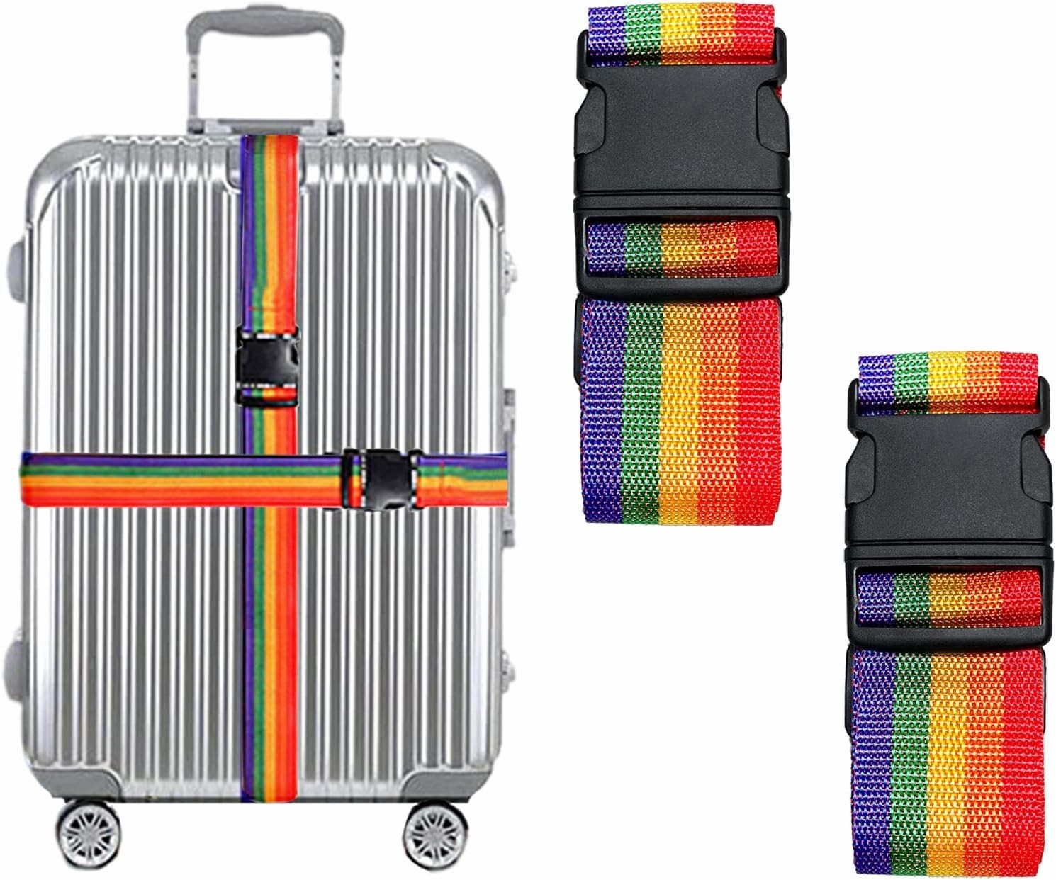Adjustable Luggage Straps Set: 2 Rainbow Belts with Quick Release for Travelers
