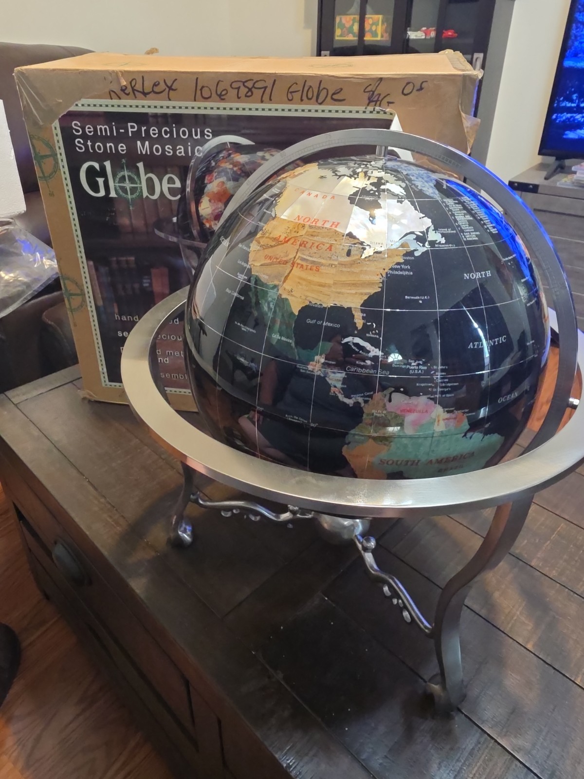 Semi Precious Stone Globe Spin /Tilt Stand, 18.5 in Tall
