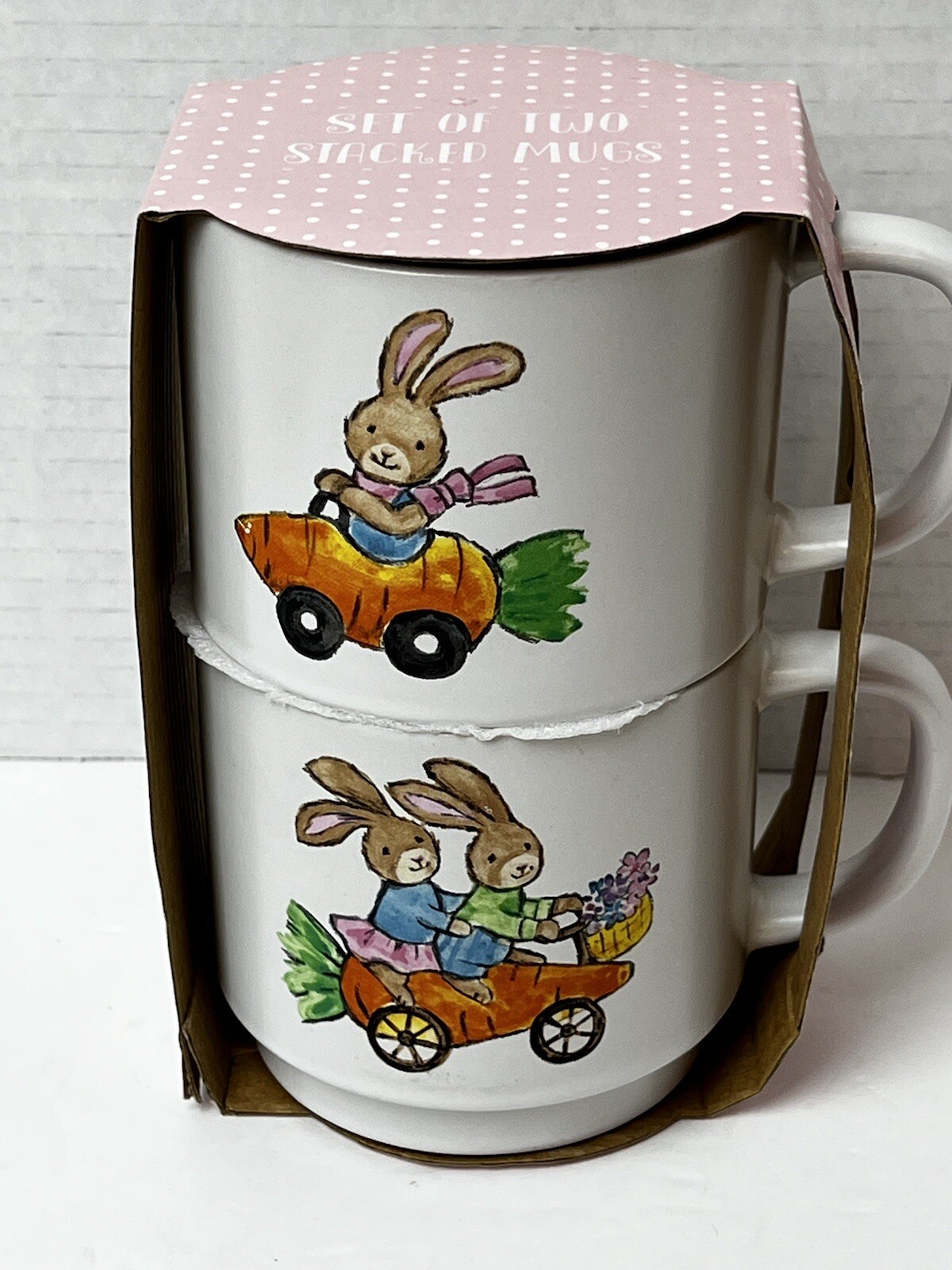 Set of Two stackable Easter Bunny mugs new in box cute! 10oz. white