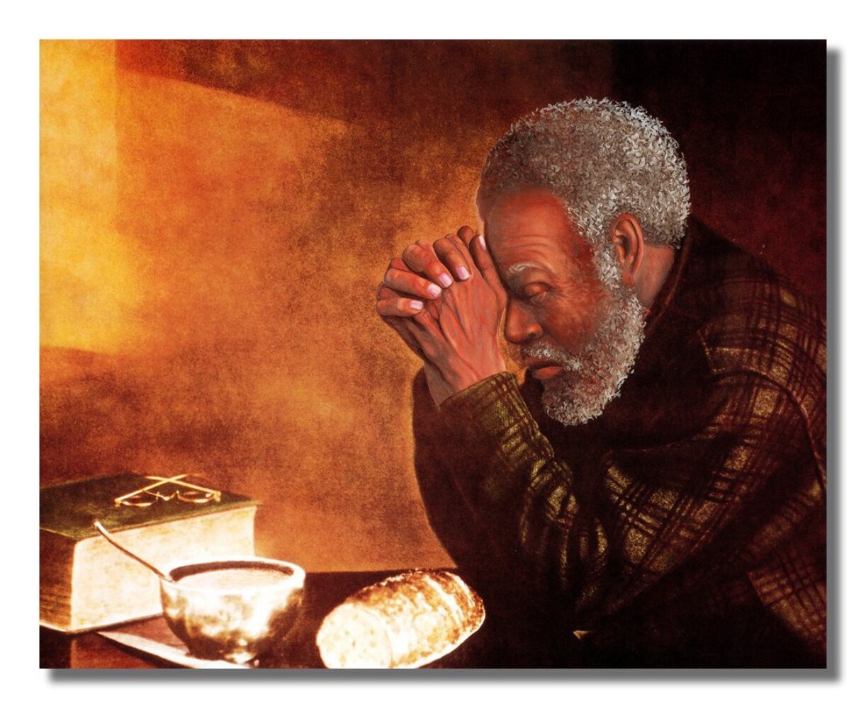 African American Black Daily Bread Man Praying Grace Religious Wall Picture 8x10