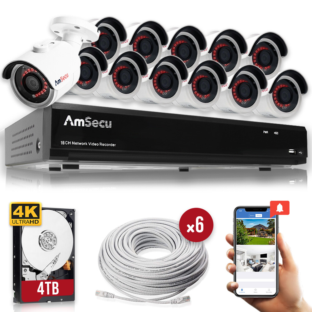 AmSecu 4K 16CH Smart Security Camera System w/ 12 x 4K 8MP 3.6mm Bullet Cameras