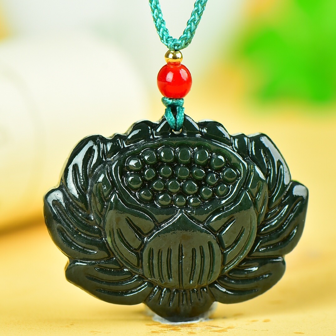 Hand Carving Lucky Pretty Lotus Flower Pendant Chinese Hetian Gray Jade