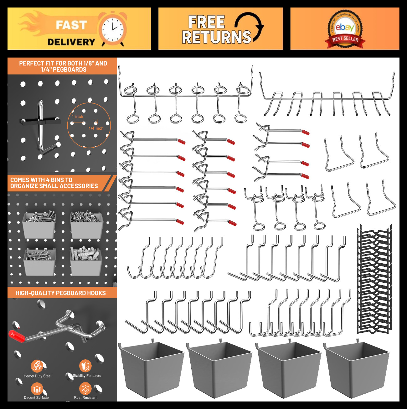 120-Piece Pegboard Hooks Set with Bins - Tool Organizer for Garage, Kitchen
