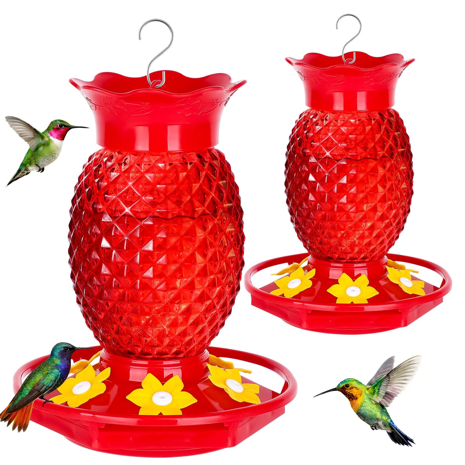 Fchstaer Glass Hummingbird Feeders for Outdoors Hanging Ant and 16 OZ, Red