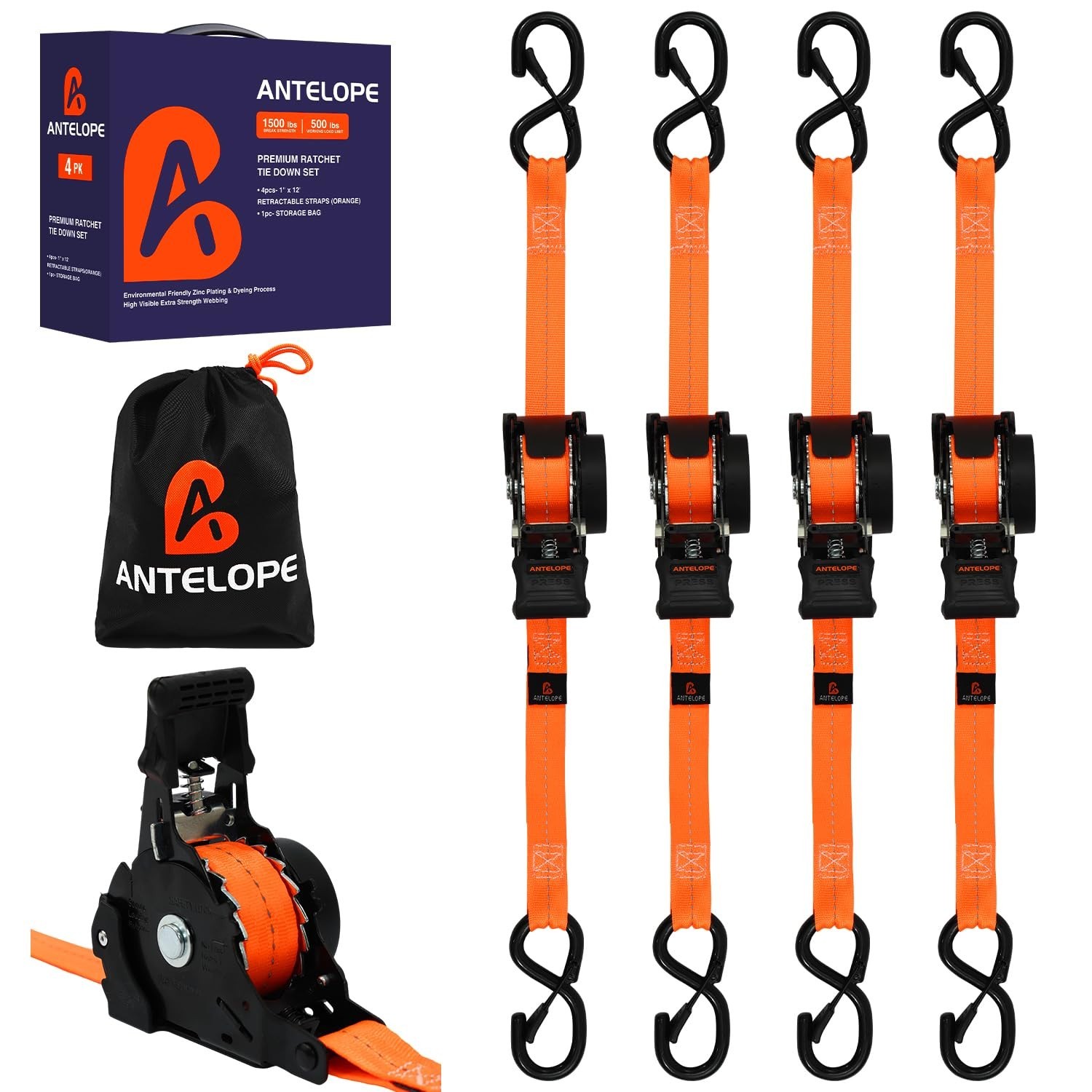 Retractable Ratchet Straps 1 in x 12 ft, 4-Pack Auto Retract Tie Down Straps,...