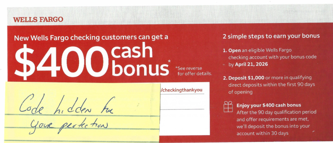 $400 WELLS FARGO Bonus Offer for New Checking Account Coupon Exp 10/20/2026