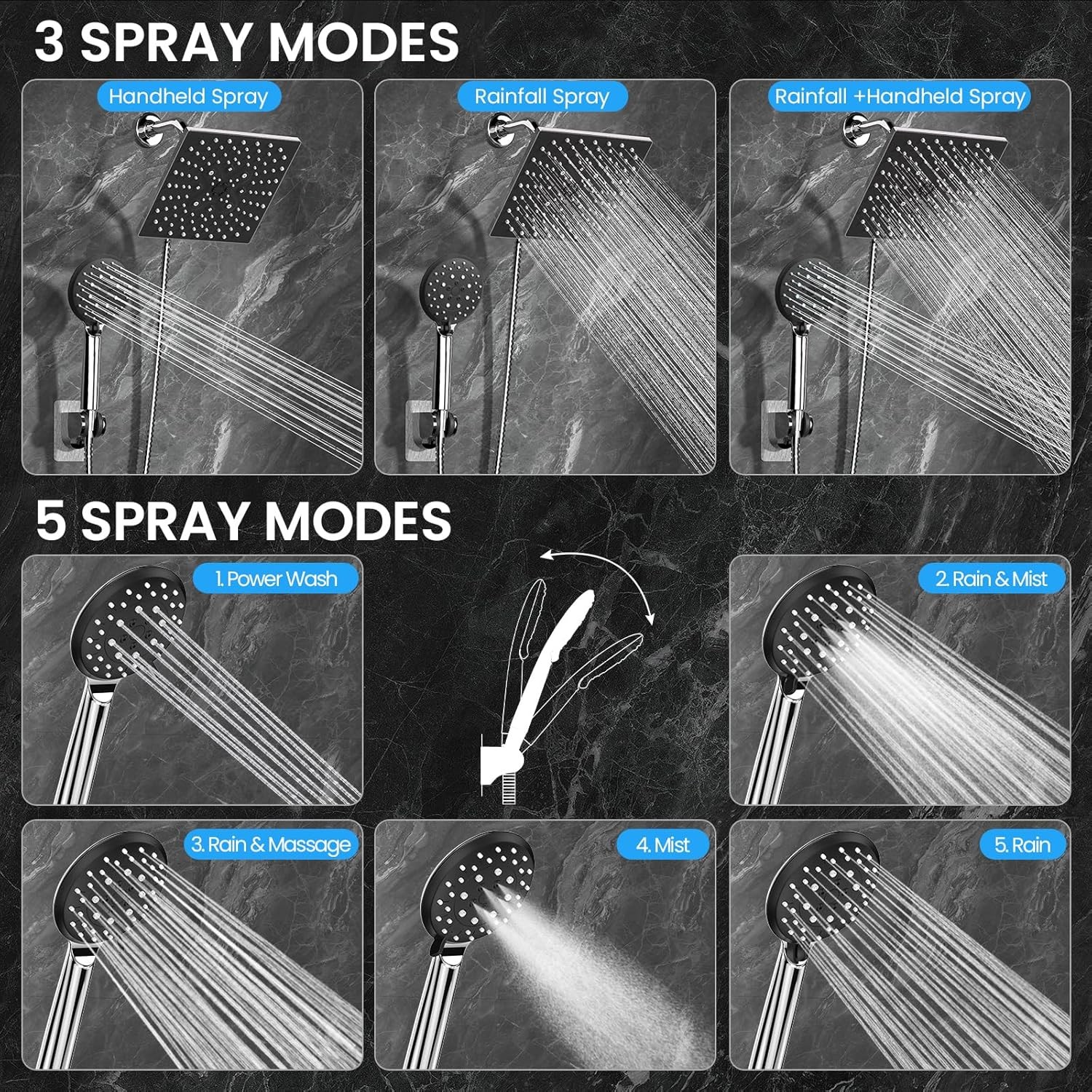 Veken High Pressure Rain Shower Head with Handheld Square Rainfall Head Set