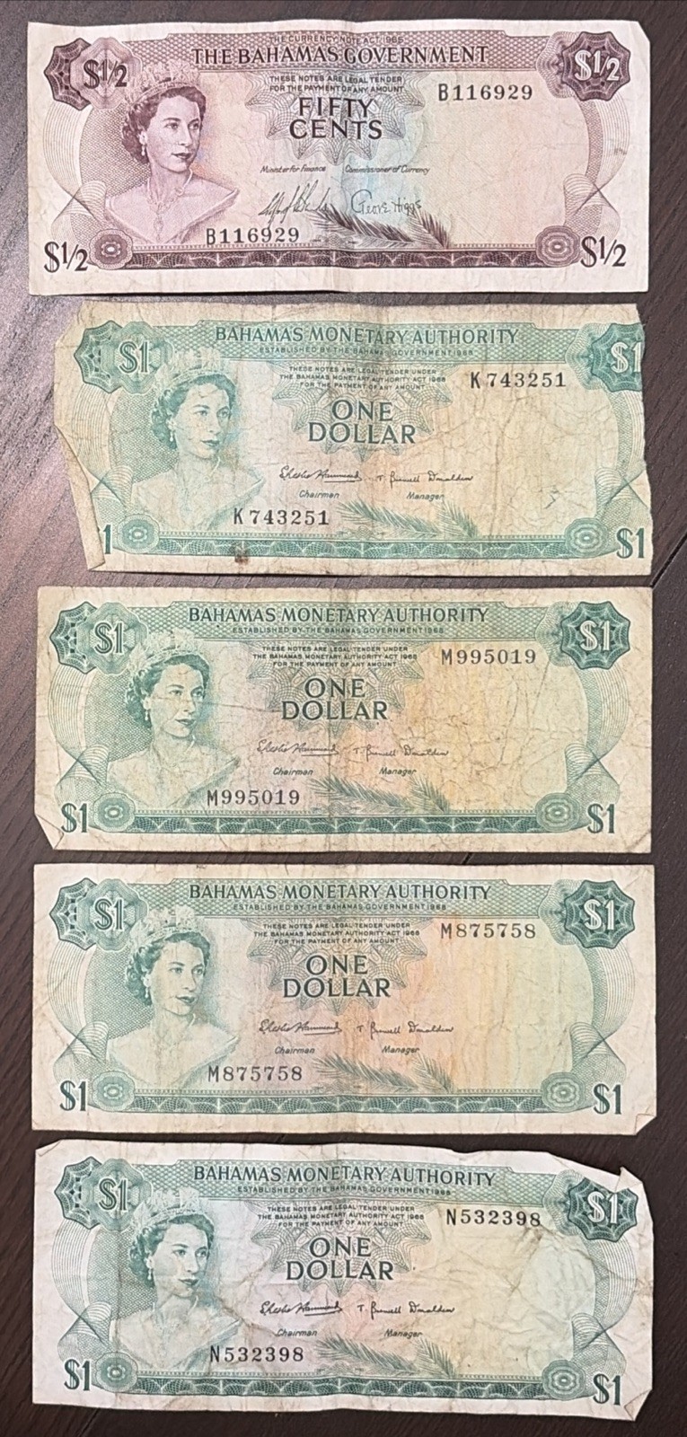 1965 $1/2 & 1968 $1 BAHAMAS MONETARY AUTHORITY Young QEII 5 Banknotes