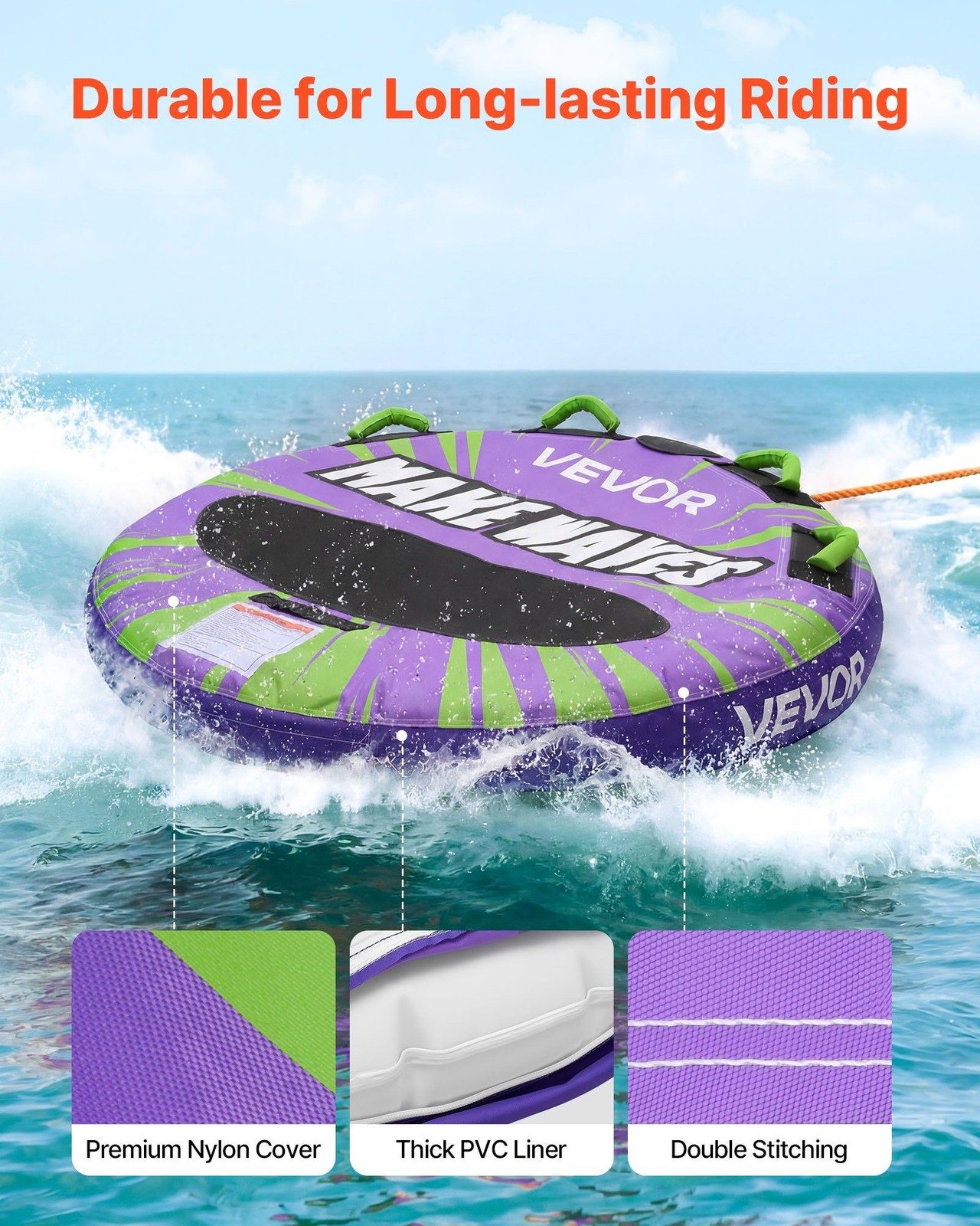 340lb 2-Rider Inflatable Towable Tubes with Padded Handles and Safety Valve