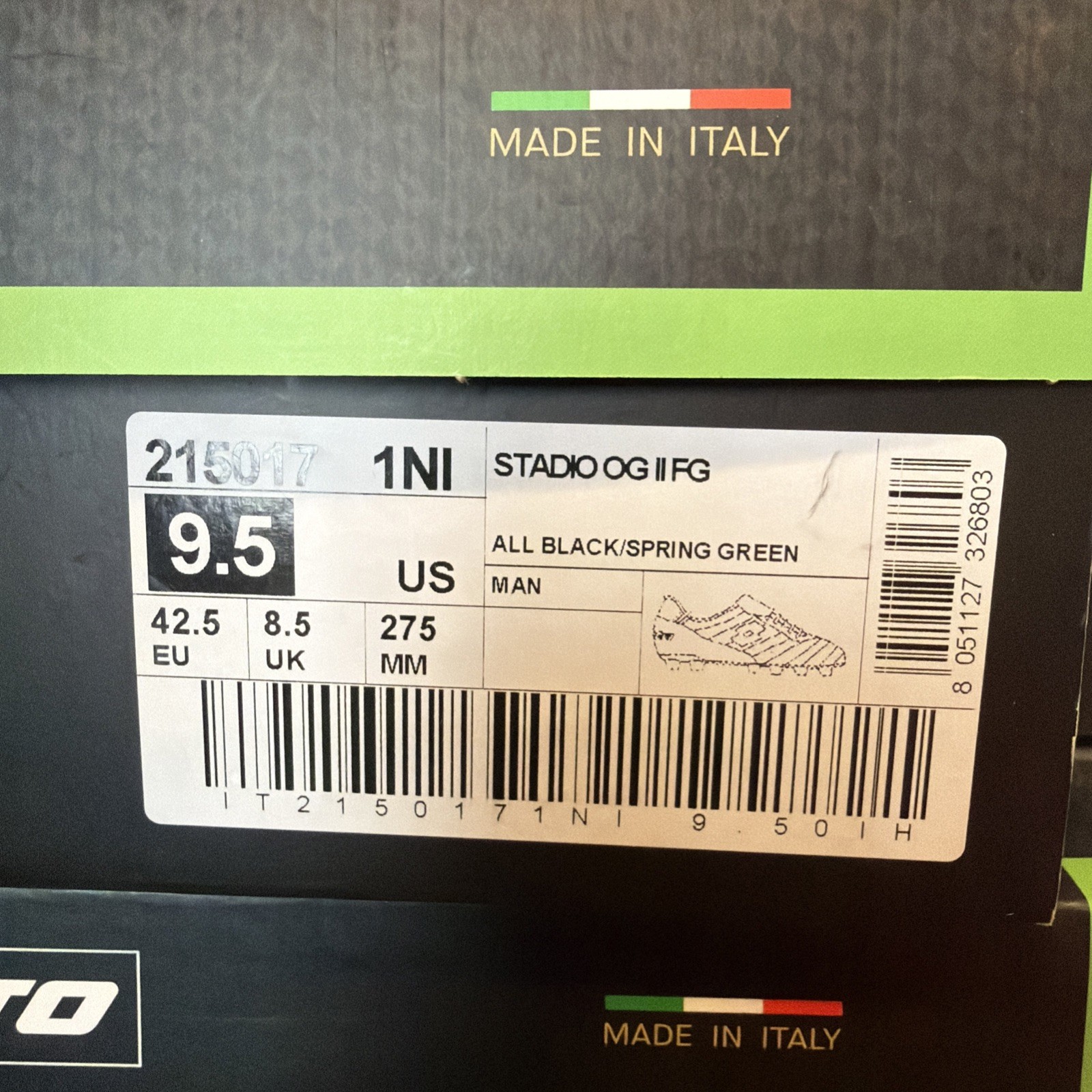 Lotto Stadio OG II FG Soccer Cleats - All Black, Spring Green | Men’s Size 9.5