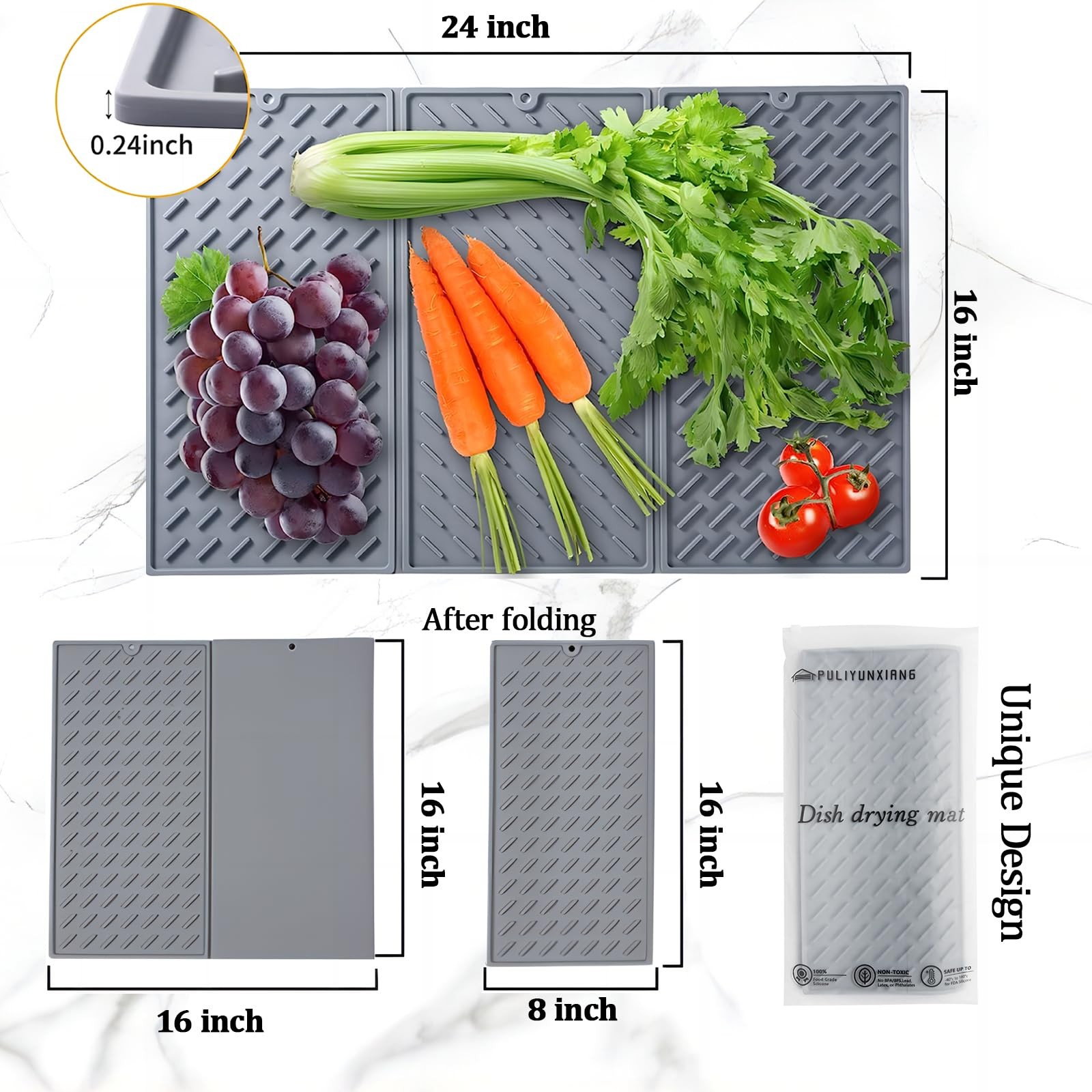 Silicone Dish Drying Mat for Kitchen Counter, Collapsible Trifold Large Dish ...