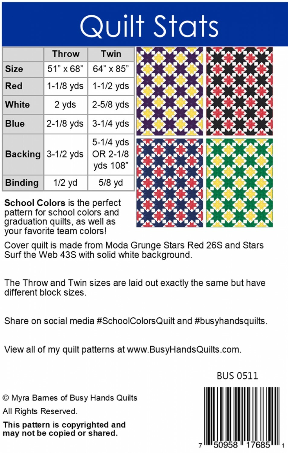 School Colors Quilt Pattern by Busy Hands Quilts 2 Sizes