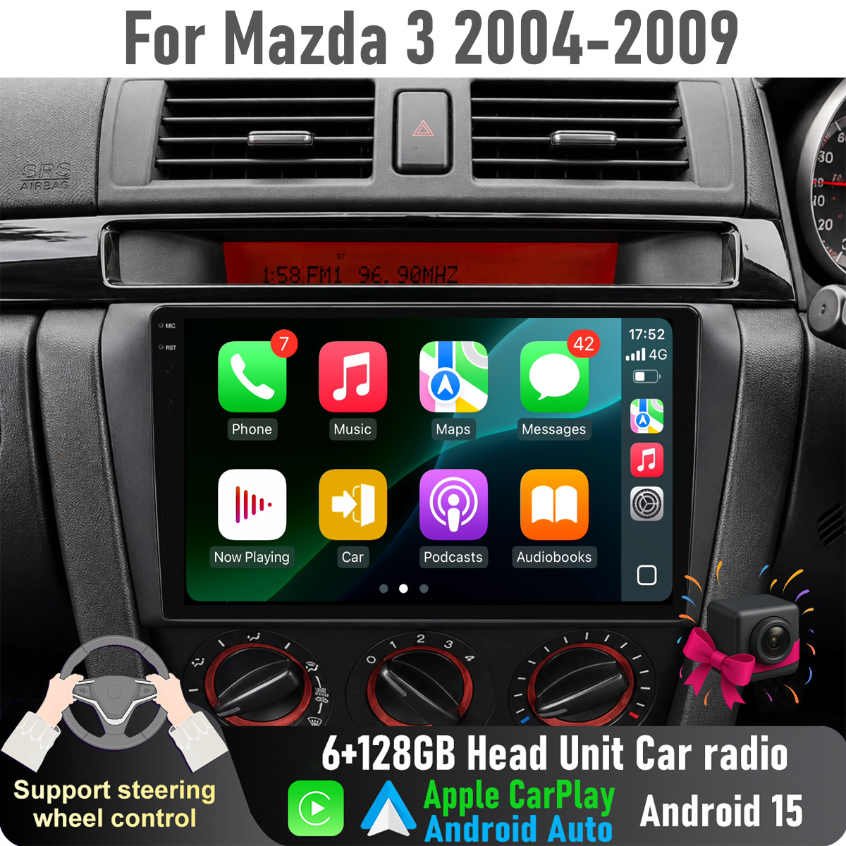 9'' Apple CarPlay Auto 6+128GB Head Unit radio For Mazda 3 2004-2009
