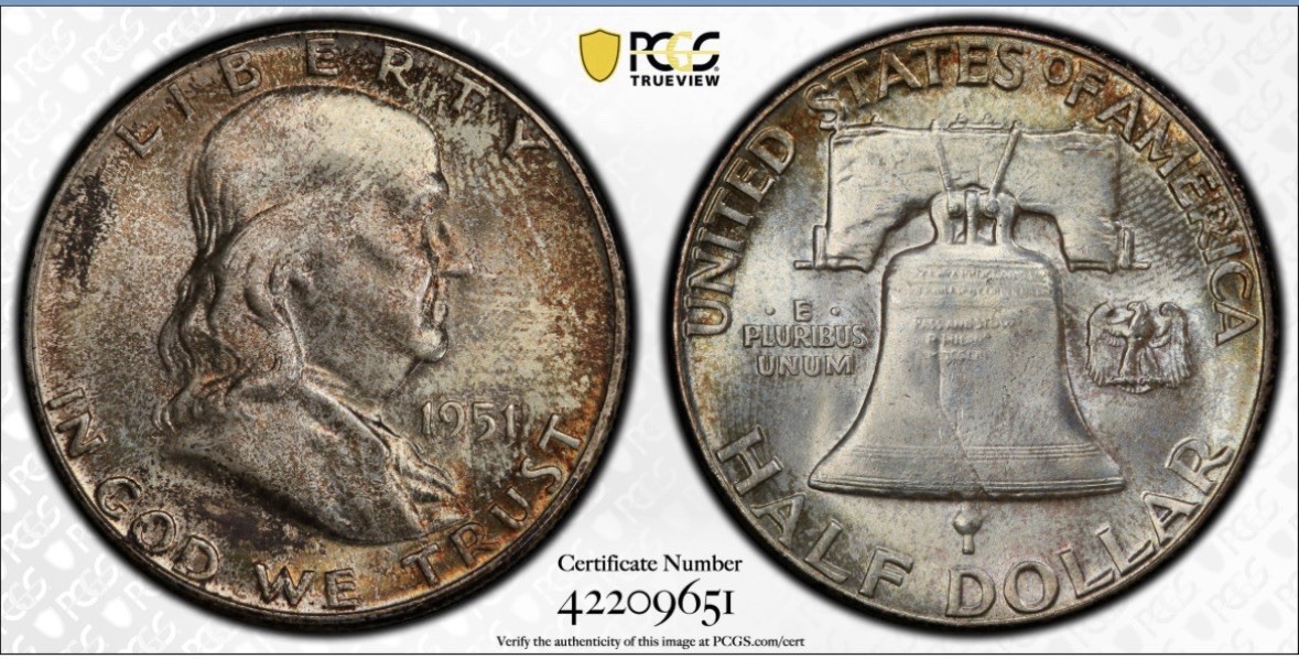 1951 FRANKLIN HALF DOLLAR, 50C, PCGS, MS65FBL, GOLD SHIELD TONED COIN