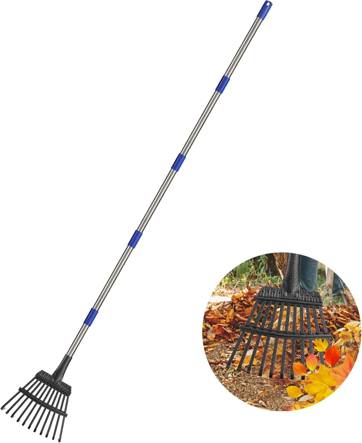 Rake for Leaves, 8" Wide 11 Tines Small Metal Hand Garden Adjustable Lawn Yard S