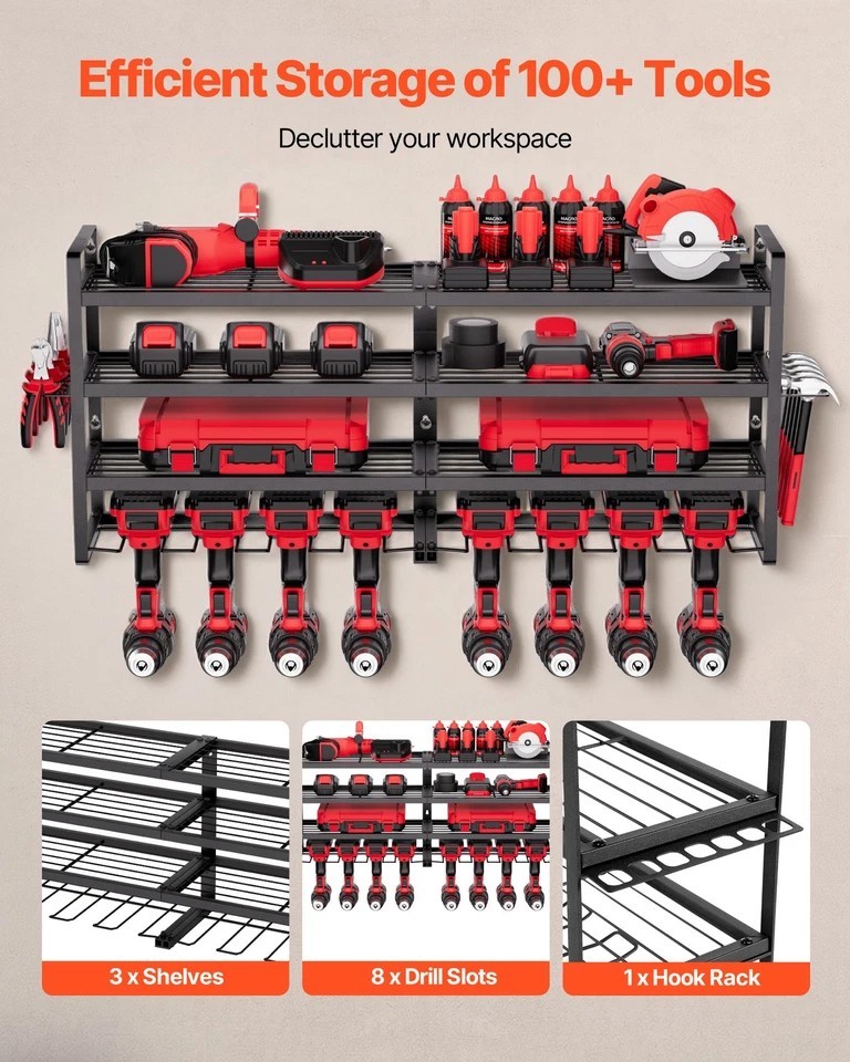 Power Tool Organizer Wall Mount 4-Layer Tool Storage Rack 8 Drill Holders