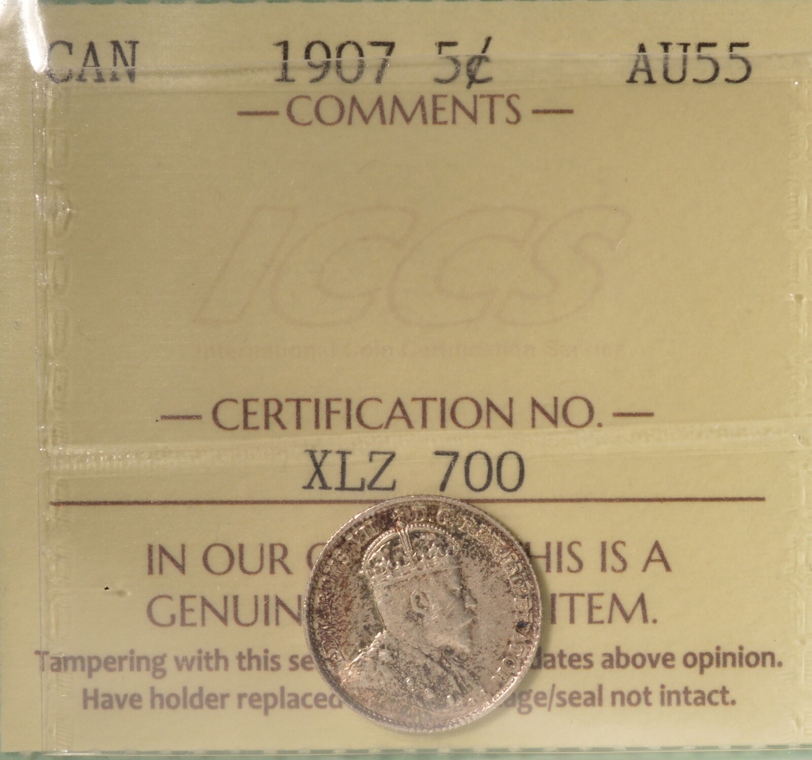 1907 Canada 5 Cents - ICCS  AU-55  -  Serial # XLZ 700