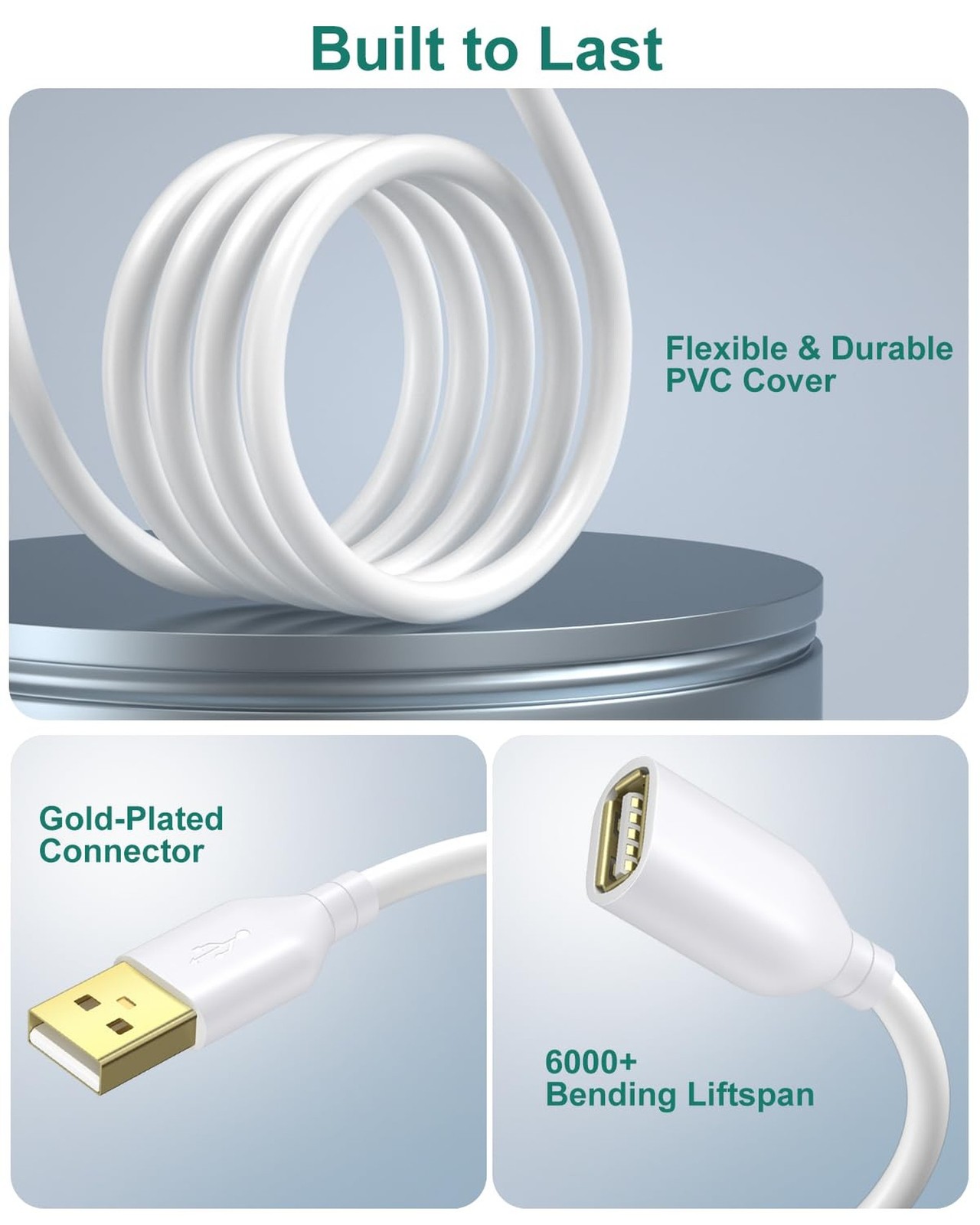 4-Pack 6ft White USB Extension Cables – USB 2.0 Type A Male to A Female Ex