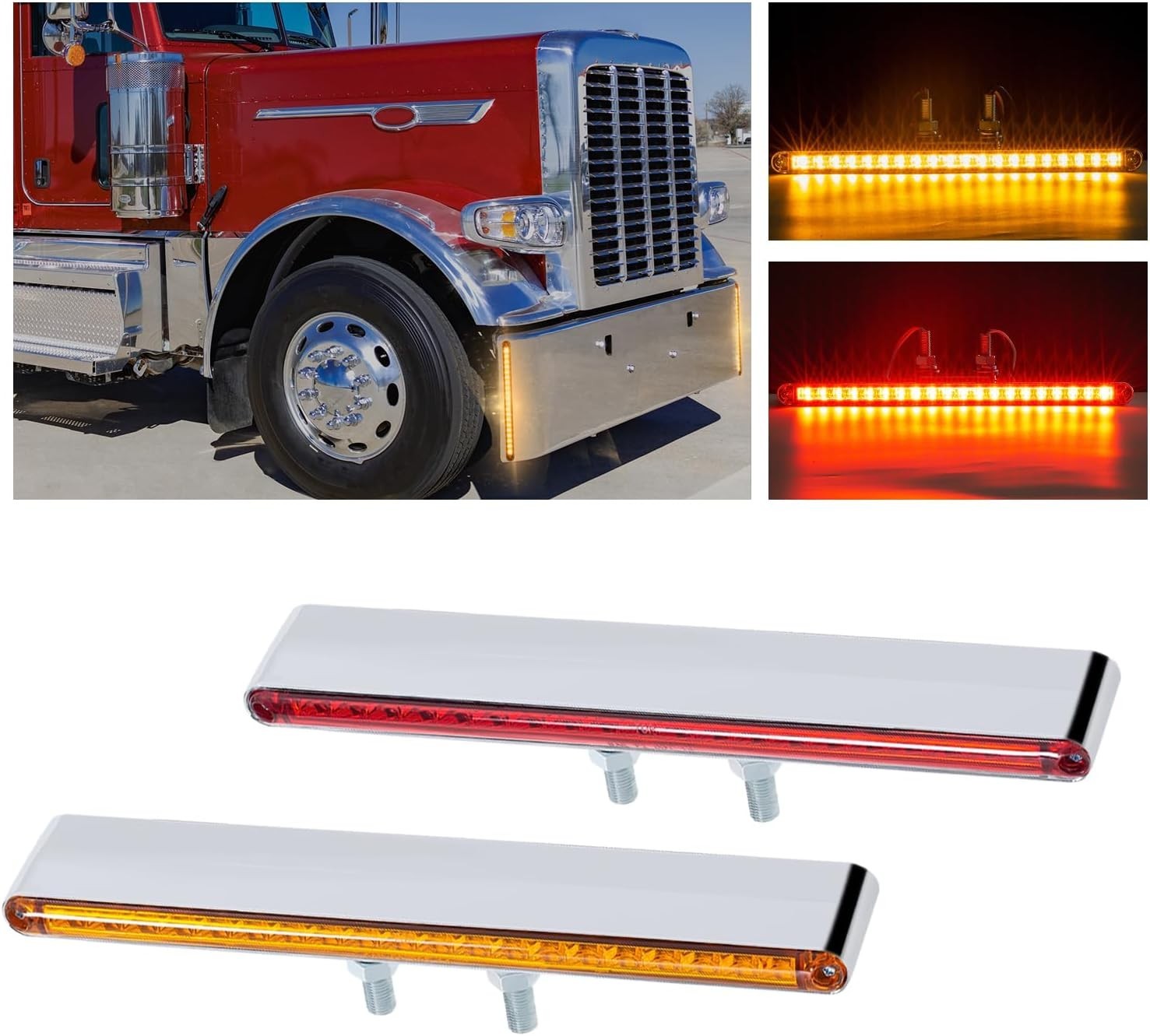 2Pcs 12" Red/Amber LED Combo Double Face Truck Semi Trailer Light Bars 20LED Wat