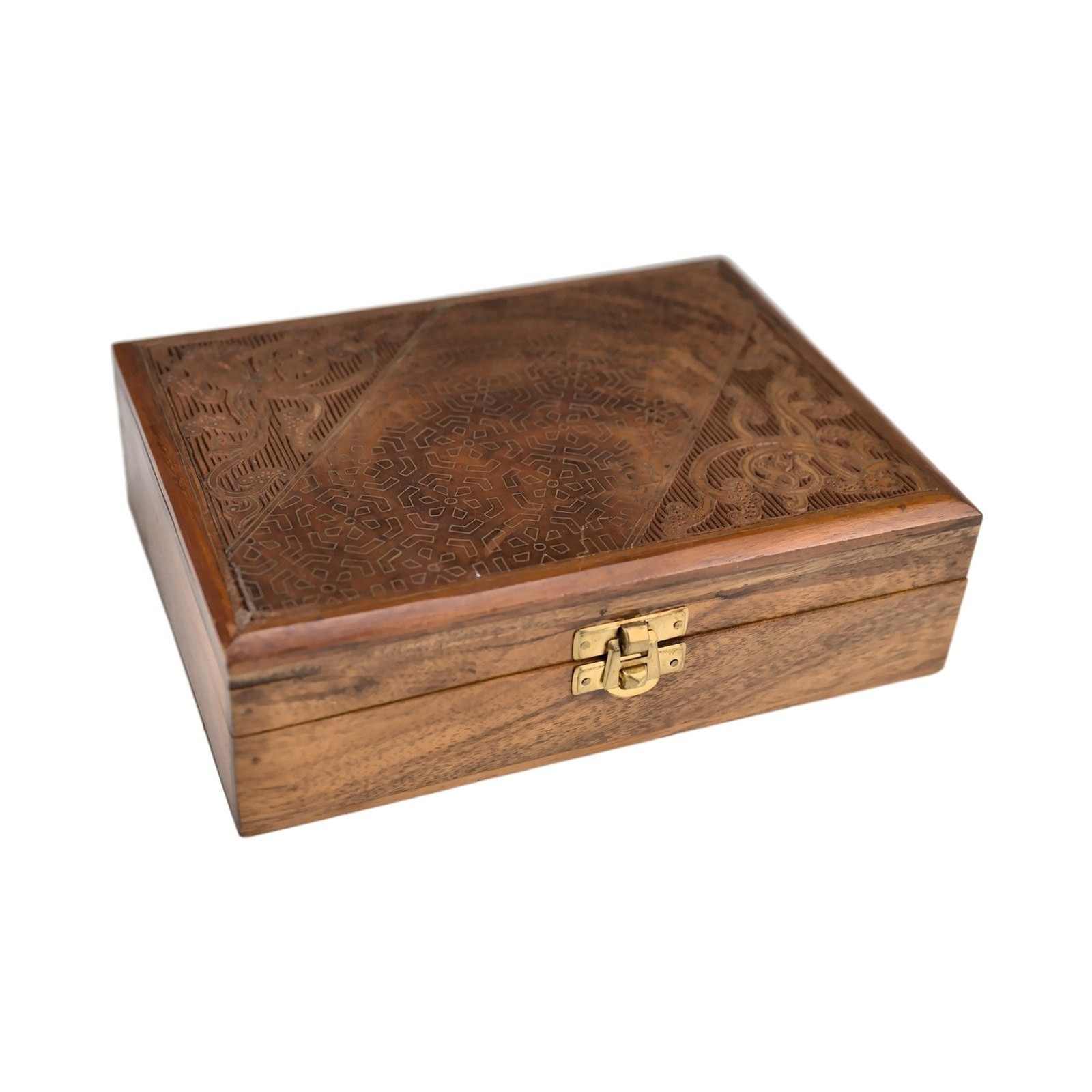 Hand-Carved Wooden Incense Box with Geometric and Floral Lid