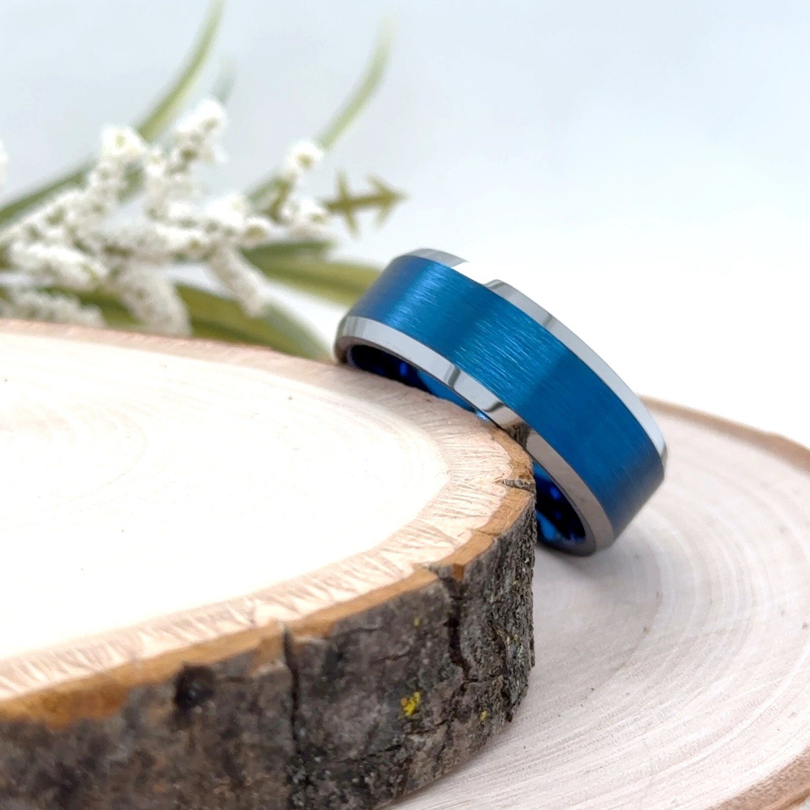 8mm Silver & Blue Tungsten Christmas Gif Ring Stain Surface Polished Finish Band