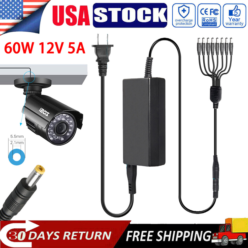 12V 5A AC Power Supply Adapter+8 Way Splitter Cable For CCTV Security Camera DVR