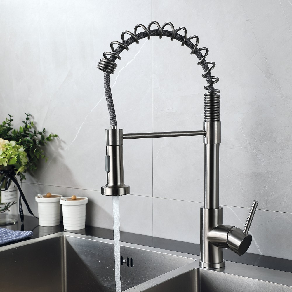 Brushed Nickel Metal Kitchen Sink Faucet Single Handle Pull Down Sprayer