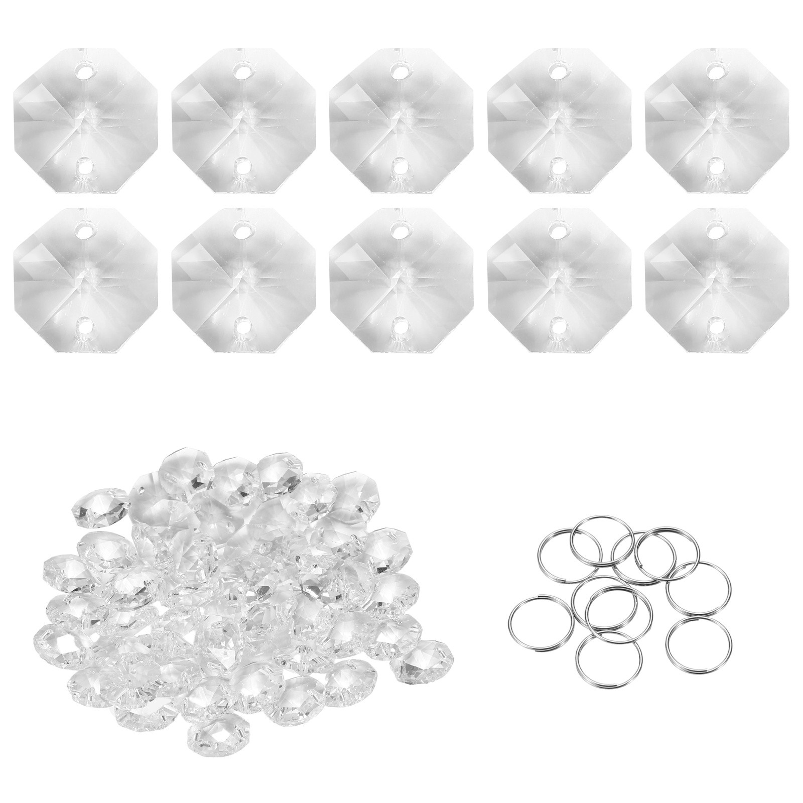 50Pcs, 16mm 2 Hole Crystal Octagon Chandelier Beads w/ Ring Clear