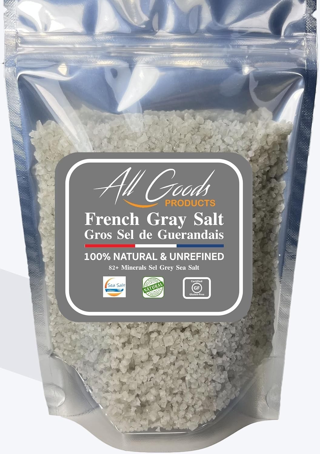 Sal celta gris orgánica All Goods con 82 minerales finamente molidaSal celta gri