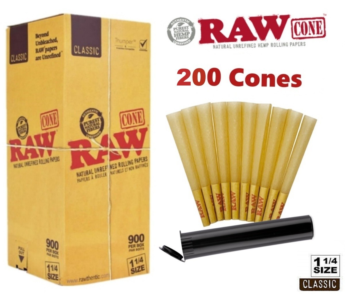 Authentic RAW Classic 1 1/4 Size Pre-Rolled Cones 200 Pack 🌟 Black Tube