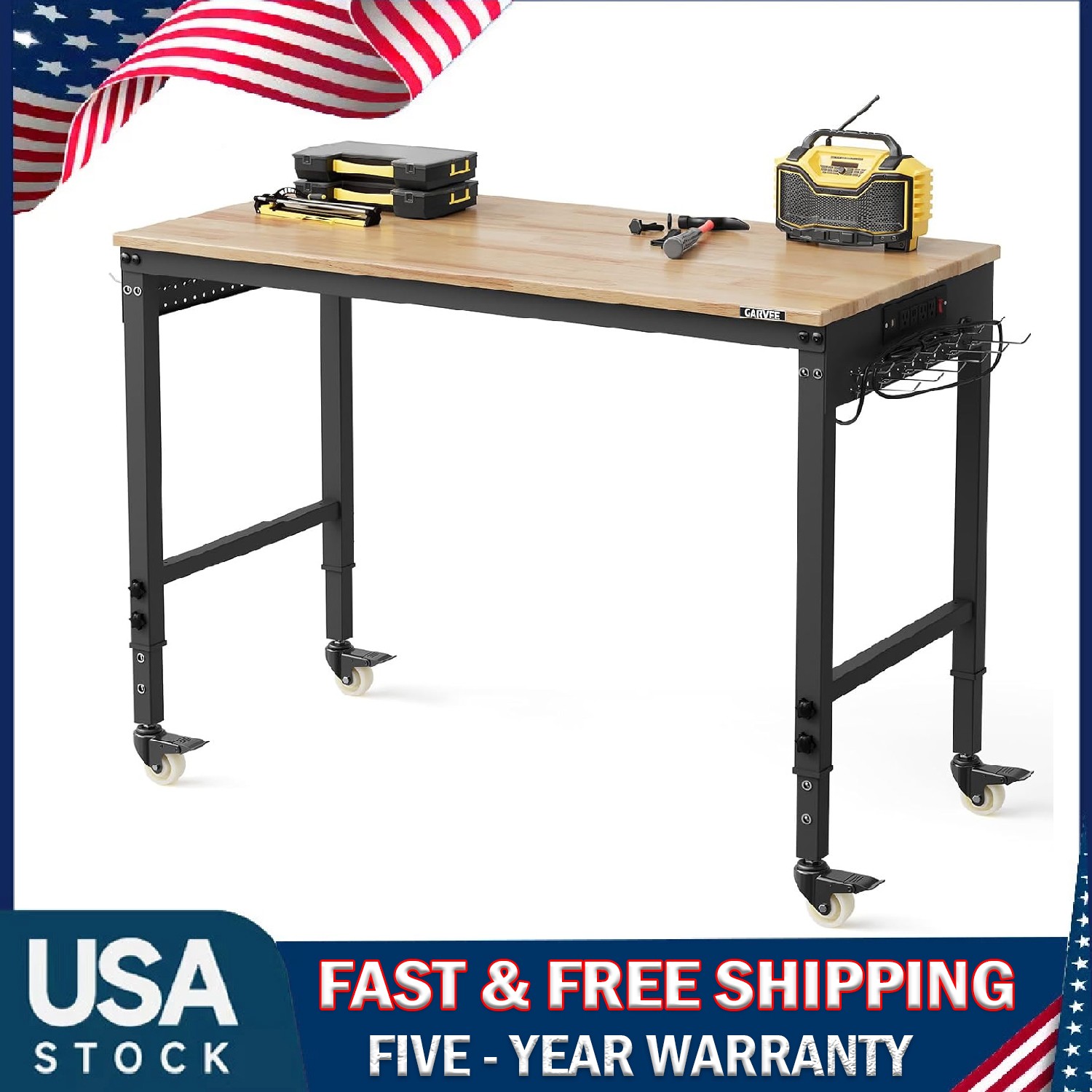 48" Adjustable Workbench 2000 LBS Work Table Garage with Power Outlet & Wheels