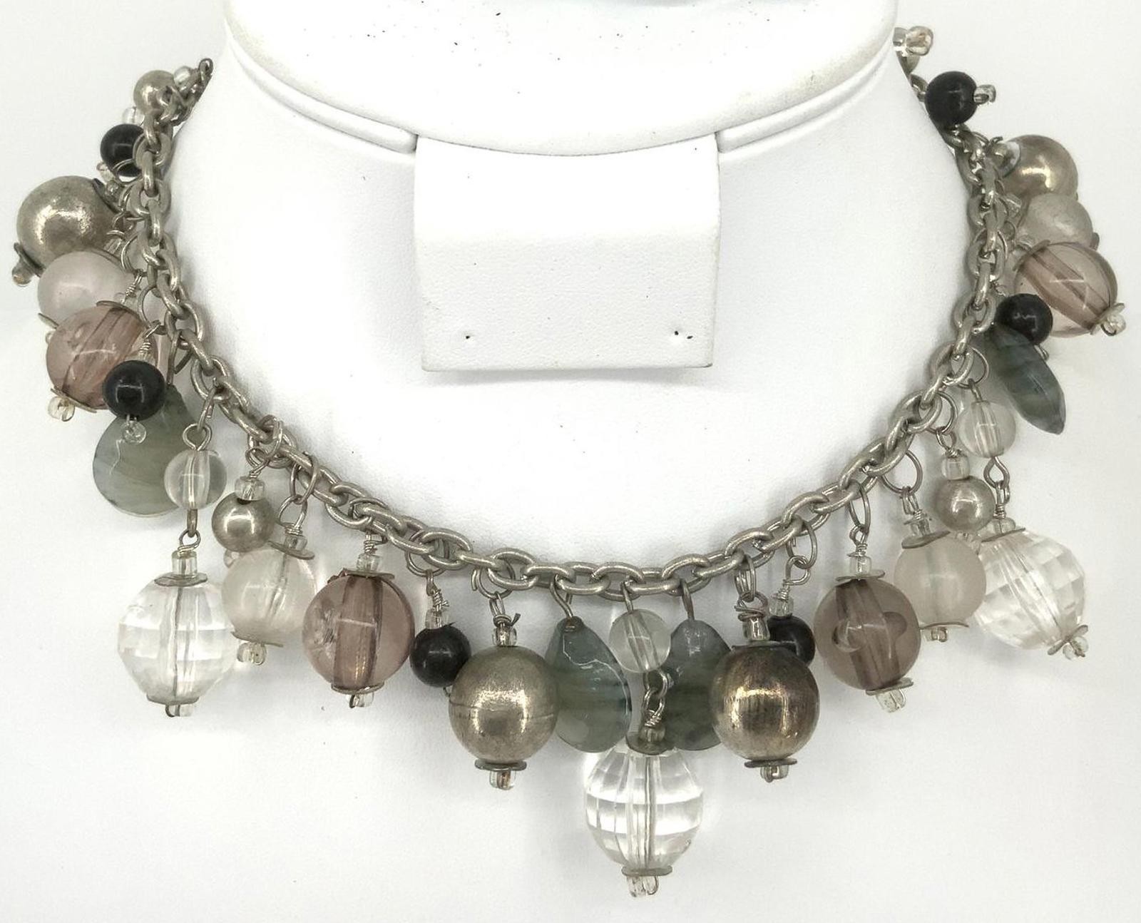 Vintage Glass Acrylic Silvertone Boho Charm Fringe Choker Cluster Necklace