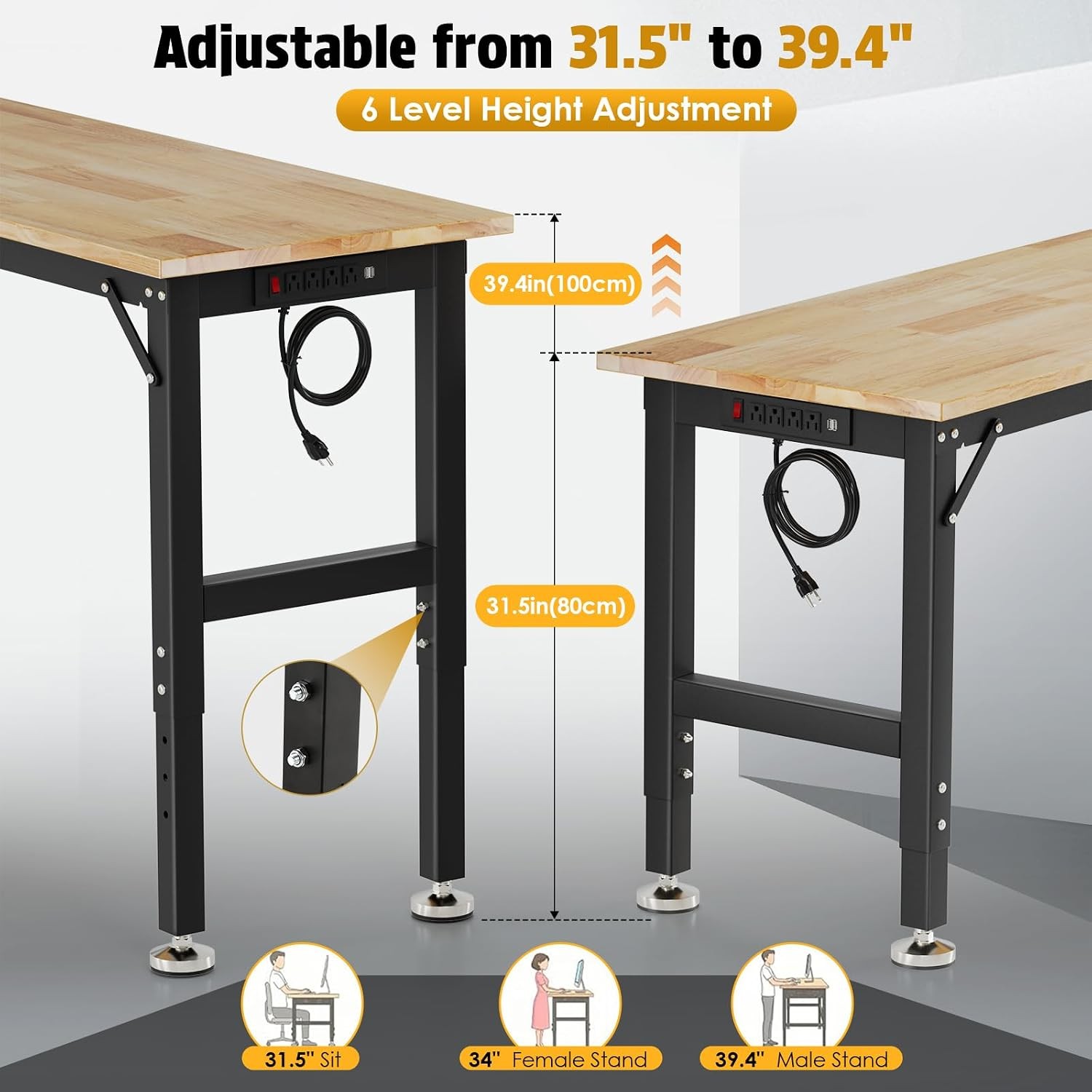 60" x 22" Heavy Duty Workbench 2000 LBS Capacity 31.5-39.5 in Adjustable Work