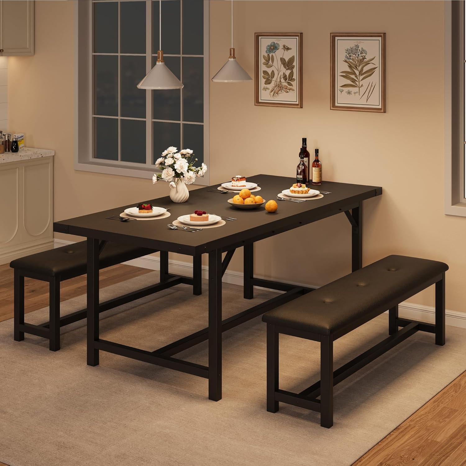 3PCS 63" Extendable Dining Table Set for 4-6 People Kitchen Table Set 2 Benches