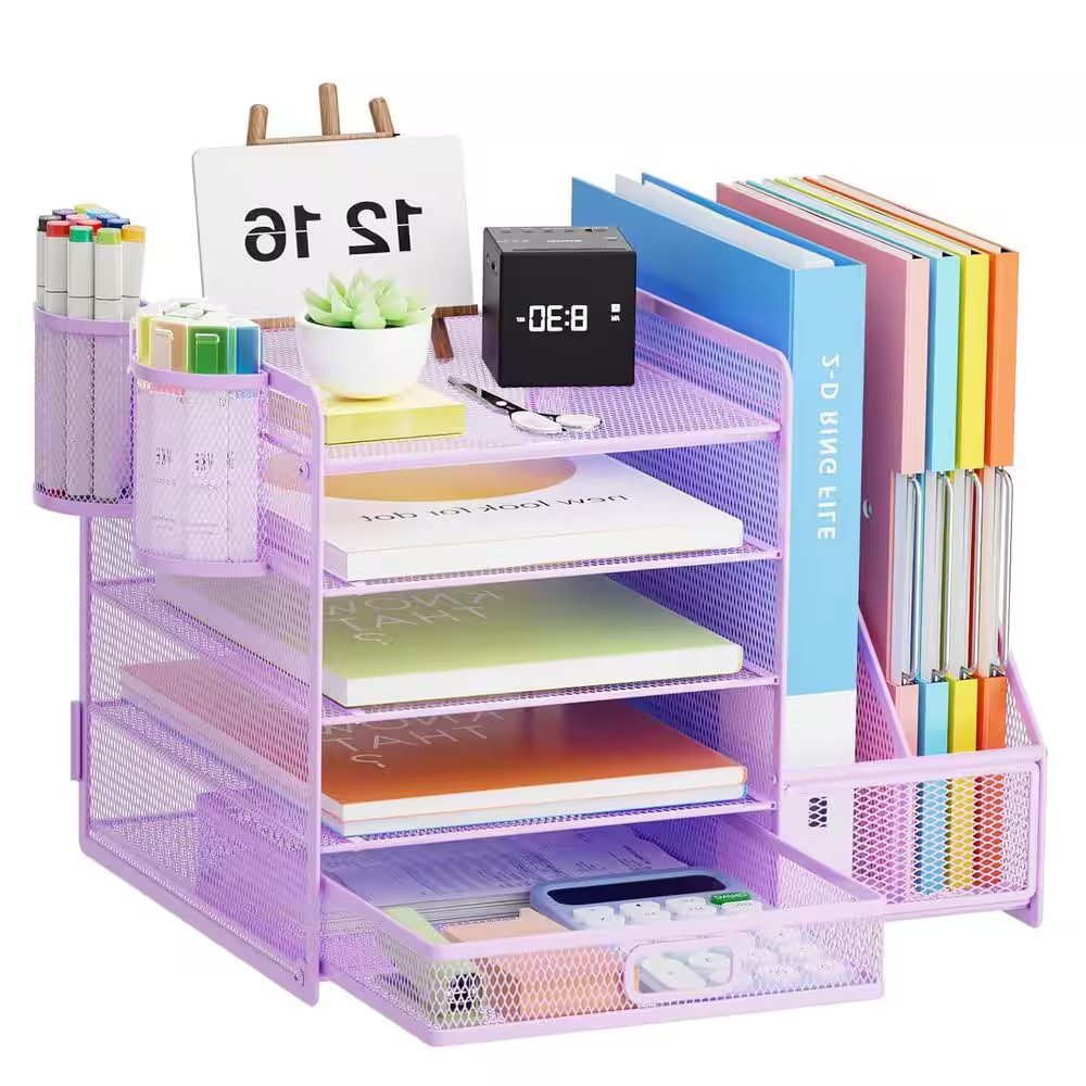 Purple 13.8 In. X 11 In. Metal Desk Organizers with File Holder and 2 Pen Holder