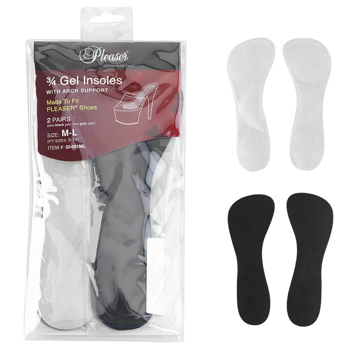Pleaser GI-001 Gel Insoles with Arch Support - 2 pairs = 1 black, 1 gray (SM/ML)