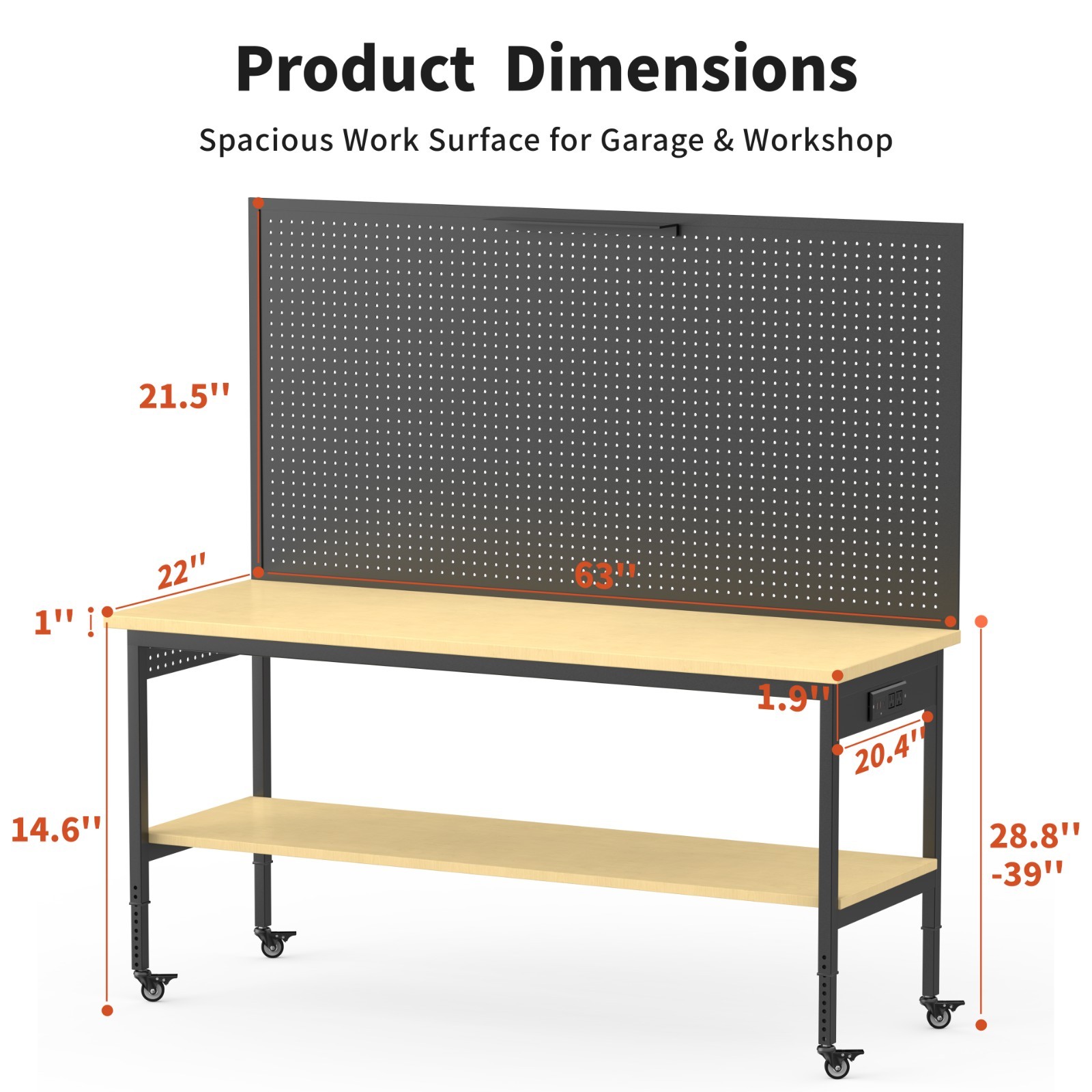 60" Garage Workbench 2000LBS w/ Pegboard LED Light Adjustable Rolling Table